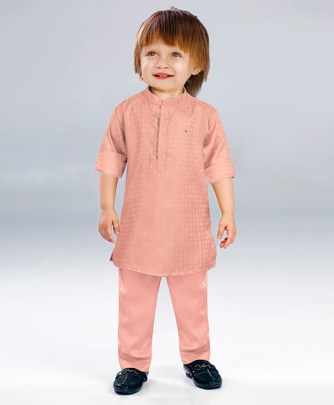 BAD BOYS Cotton Woven Full Sleeves Textured Kurta Pyjama Set - Peach-picture-6