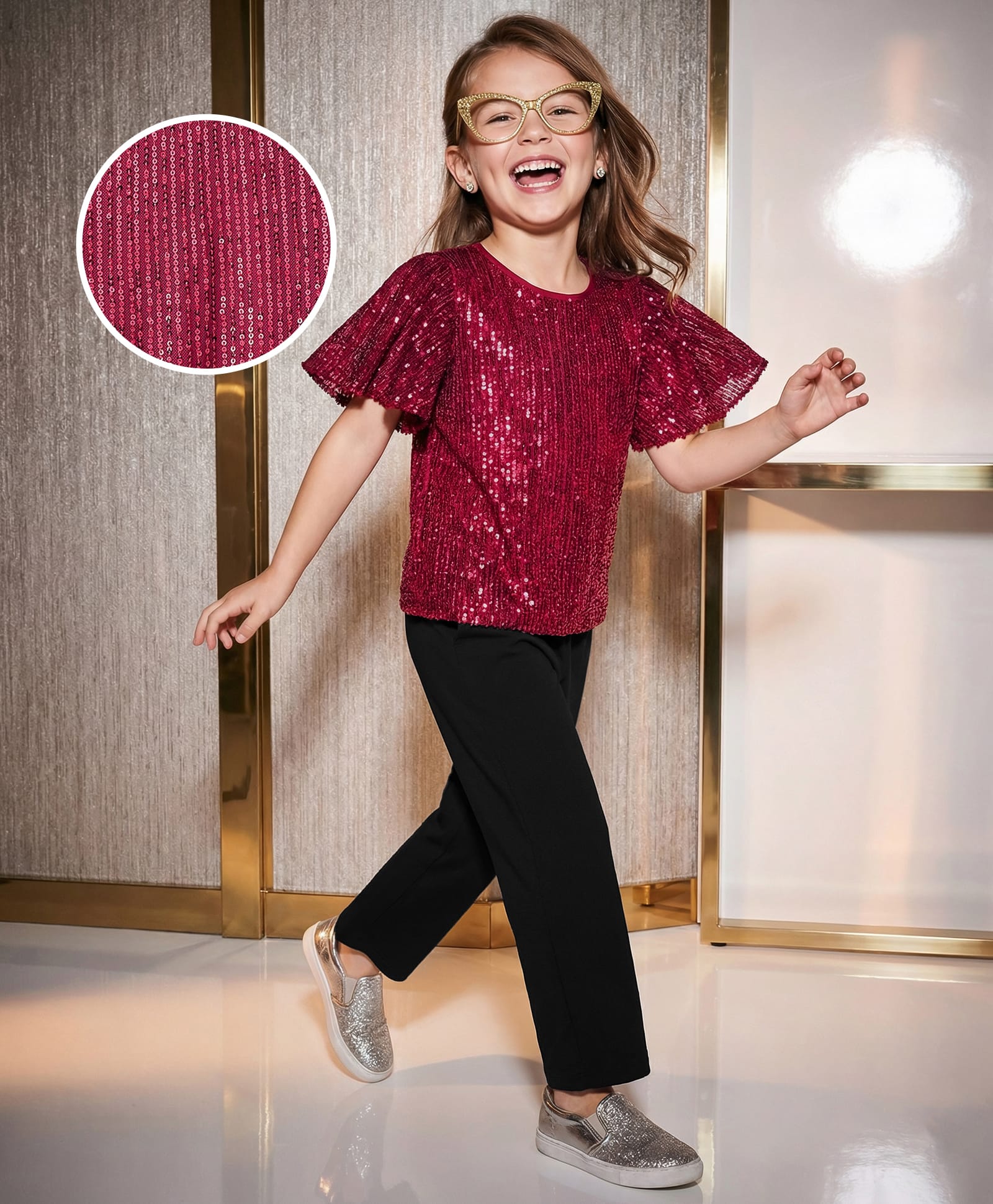 Hola Bonita Knit Half Flutter Sleeves Party Top & Pant Set with Sequin Detailing - Maroon & Black-image-22