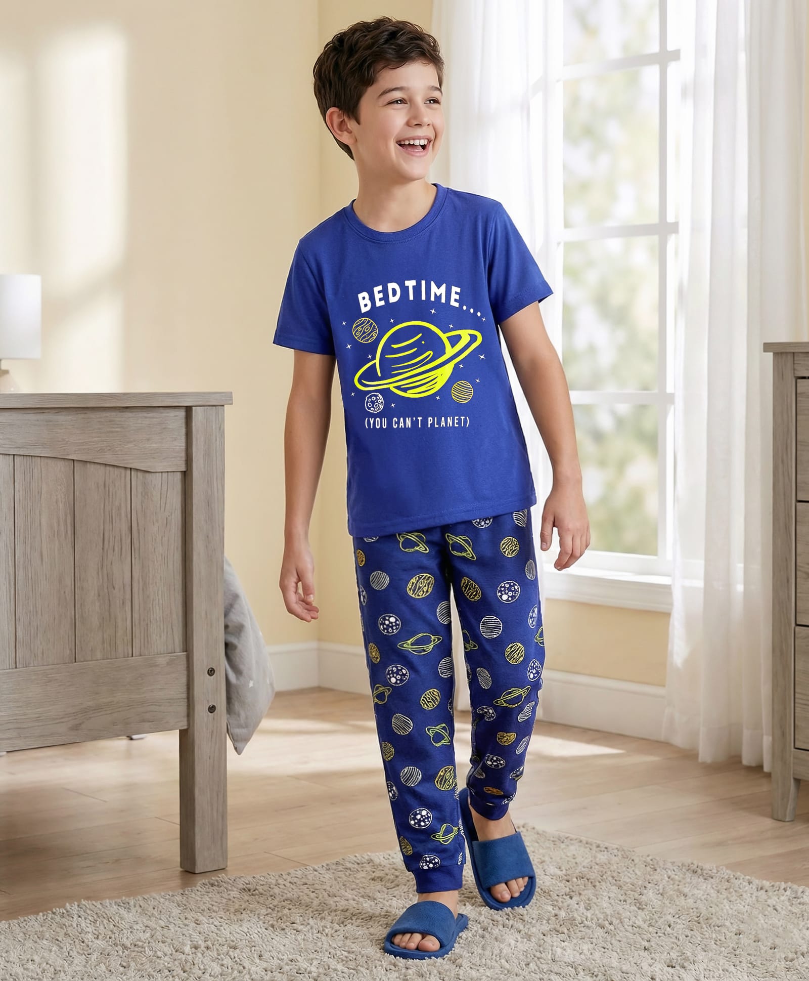 Pine Kids Single Jersey Knit Half Sleeves T-Shirt & Pyjama Night Suit With Space Theme Print - Navy Blue-image-27