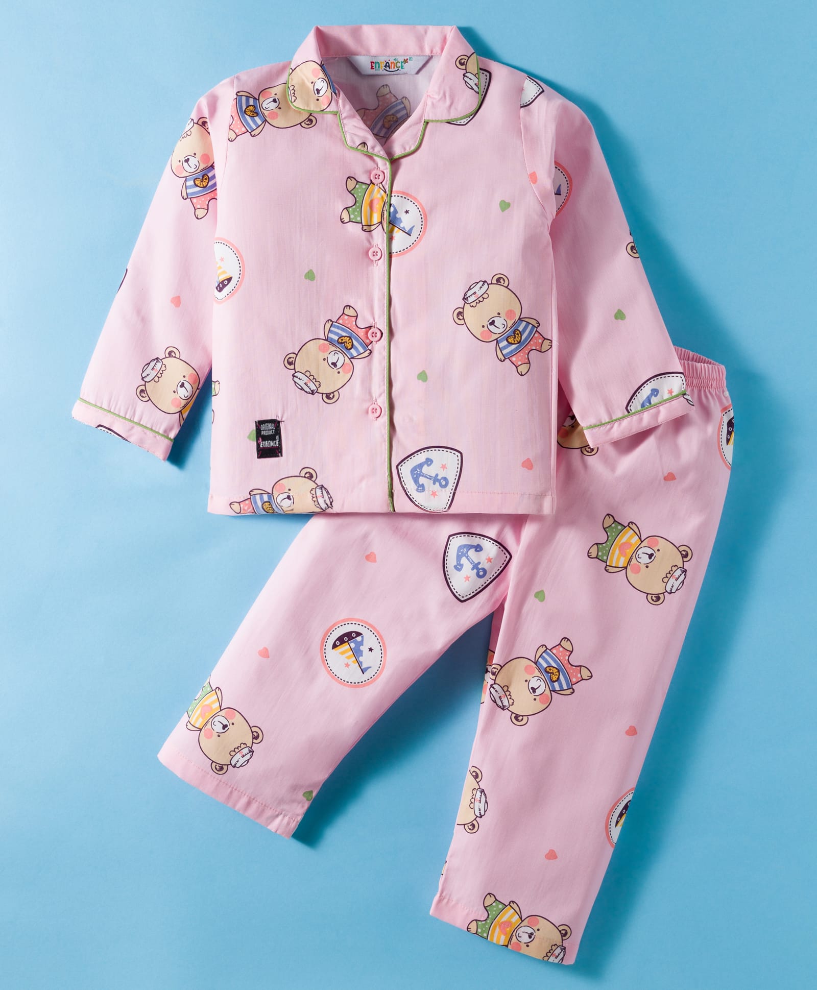 Enfance Core Full Sleeves Sailor Teddy Bear Printed Night Suit Set - Pink