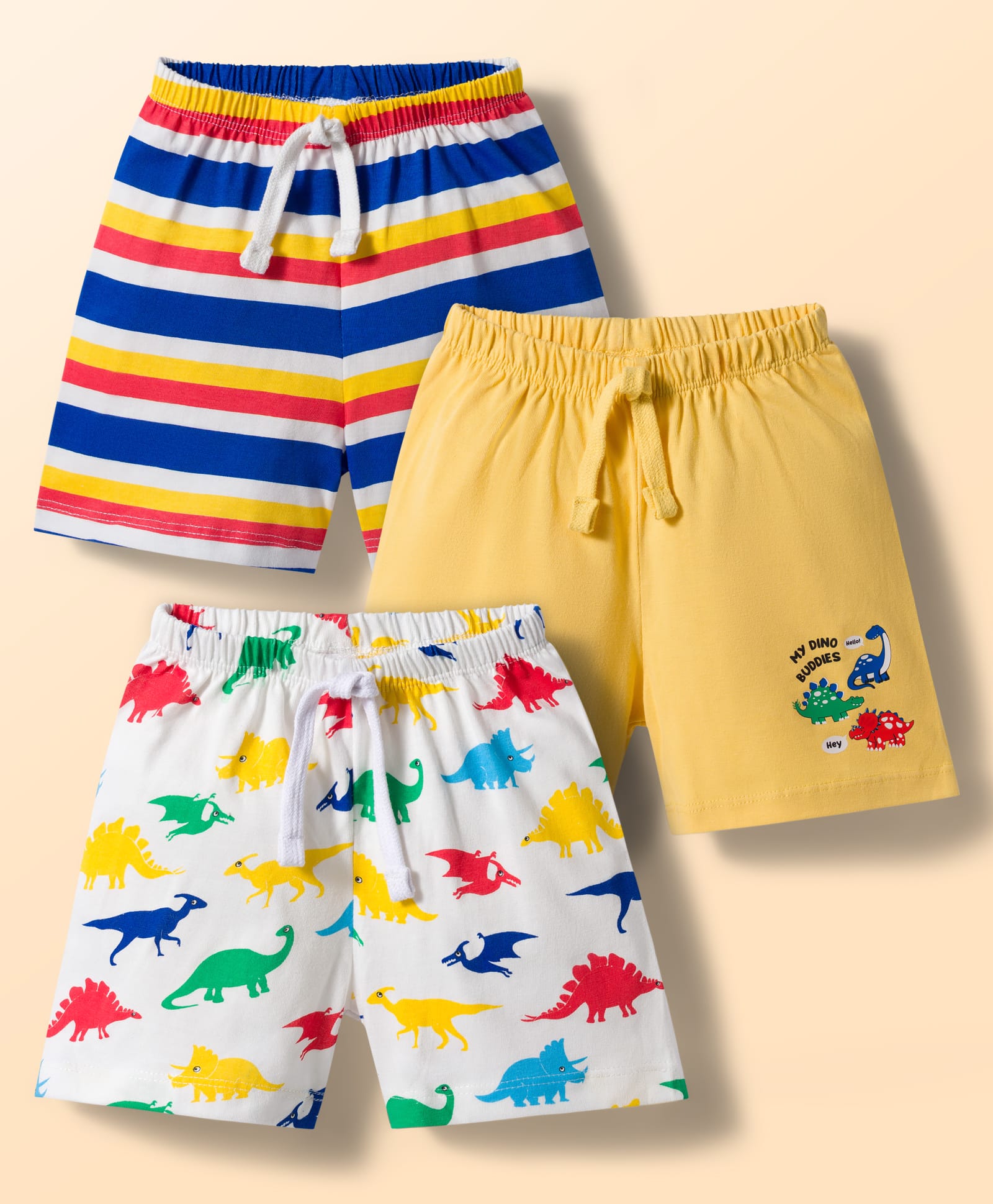 Babyhug Single Jersey Knit Mid Thigh Striped & Dino Printed Shorts Pack Of 3 - Multicolour-picture-13