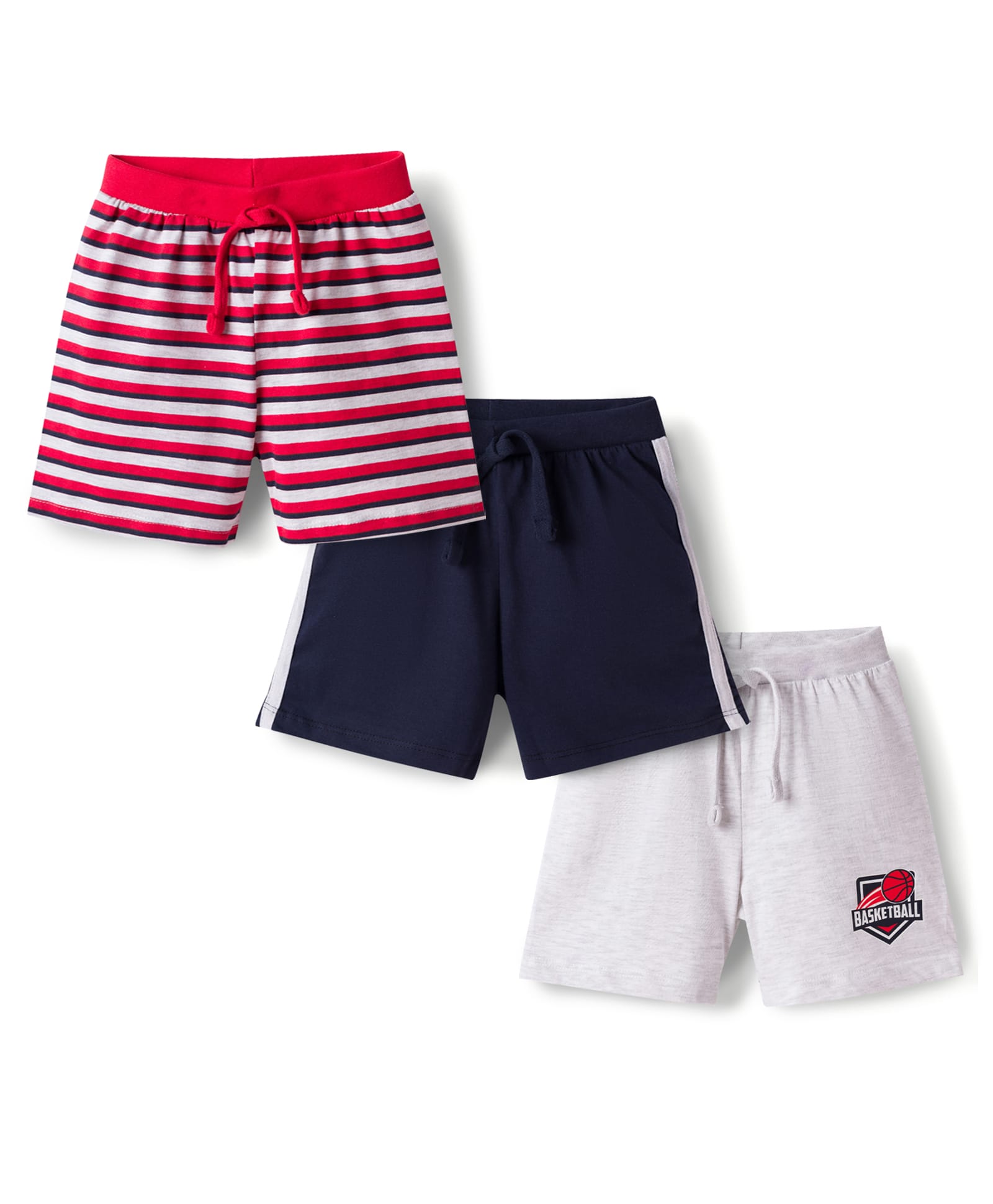 Babyhug Single Jersey Knit Mid Thigh Length Striped Shorts with Basketball Print Pack of 3 - Multicolor