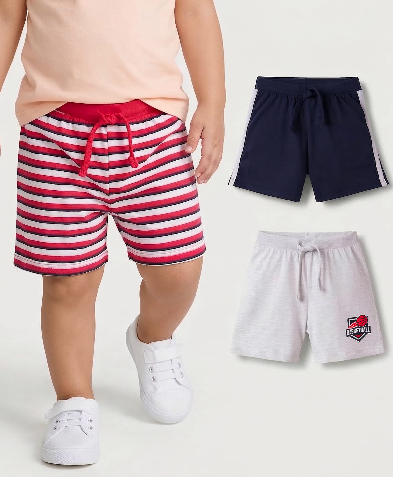 Babyhug Single Jersey Knit Mid Thigh Length Striped Shorts with Basketball Print Pack of 3 - Multicolor-picture-21
