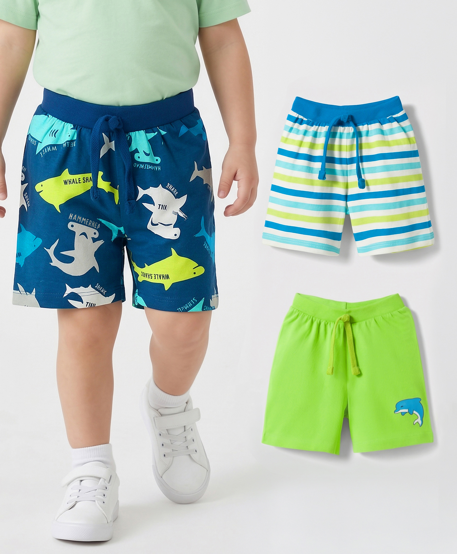 Babyhug Single Jersey Knit Mid Thigh Sea Life Printed & Striped Shorts Pack Of 3 - Multicolour-image-33