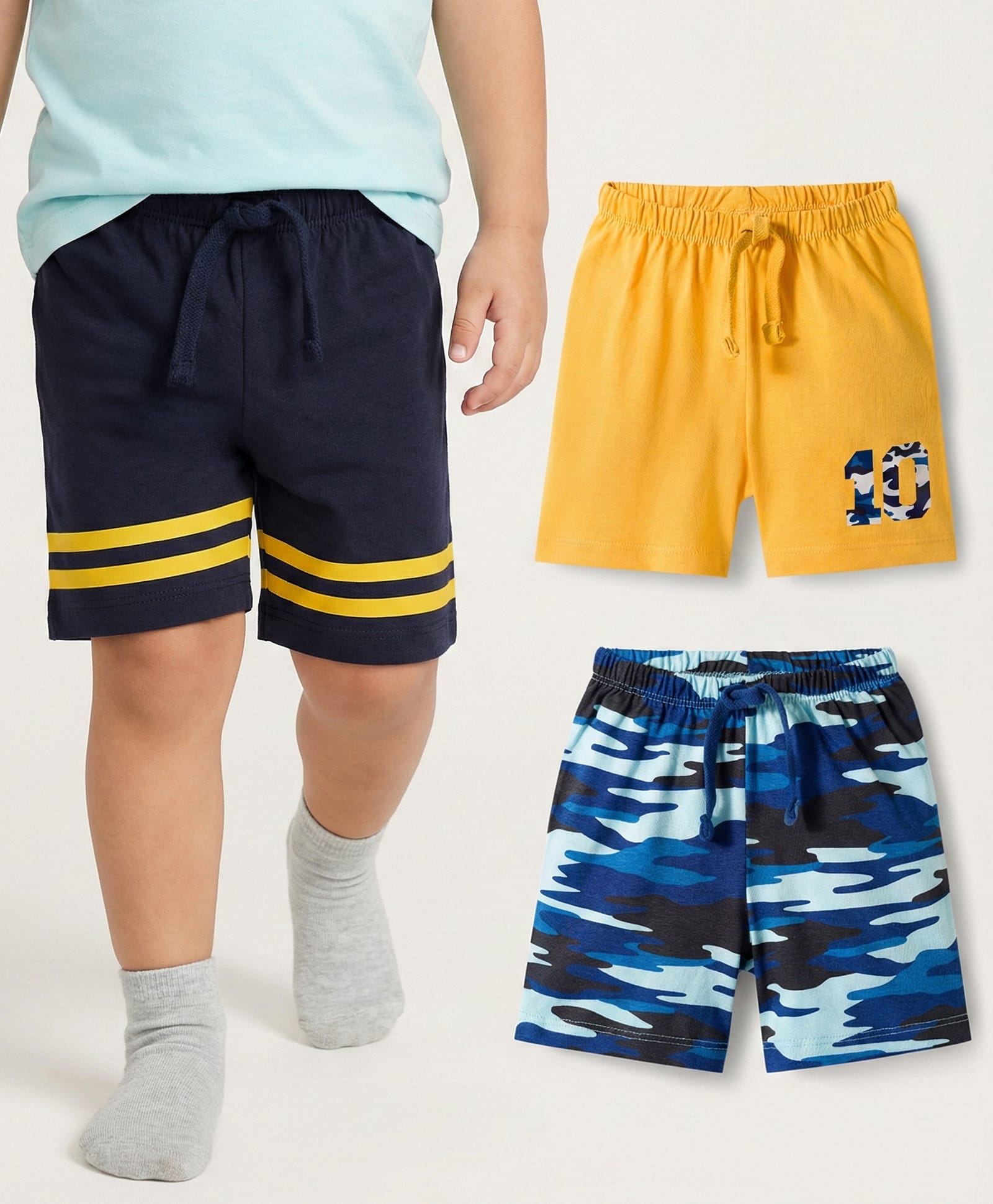 Babyhug Single Jersey Knit Camouflage Printed Mid Thigh Length Shorts Pack Of 3 - Yellow Blue & Navy Blue-picture-36