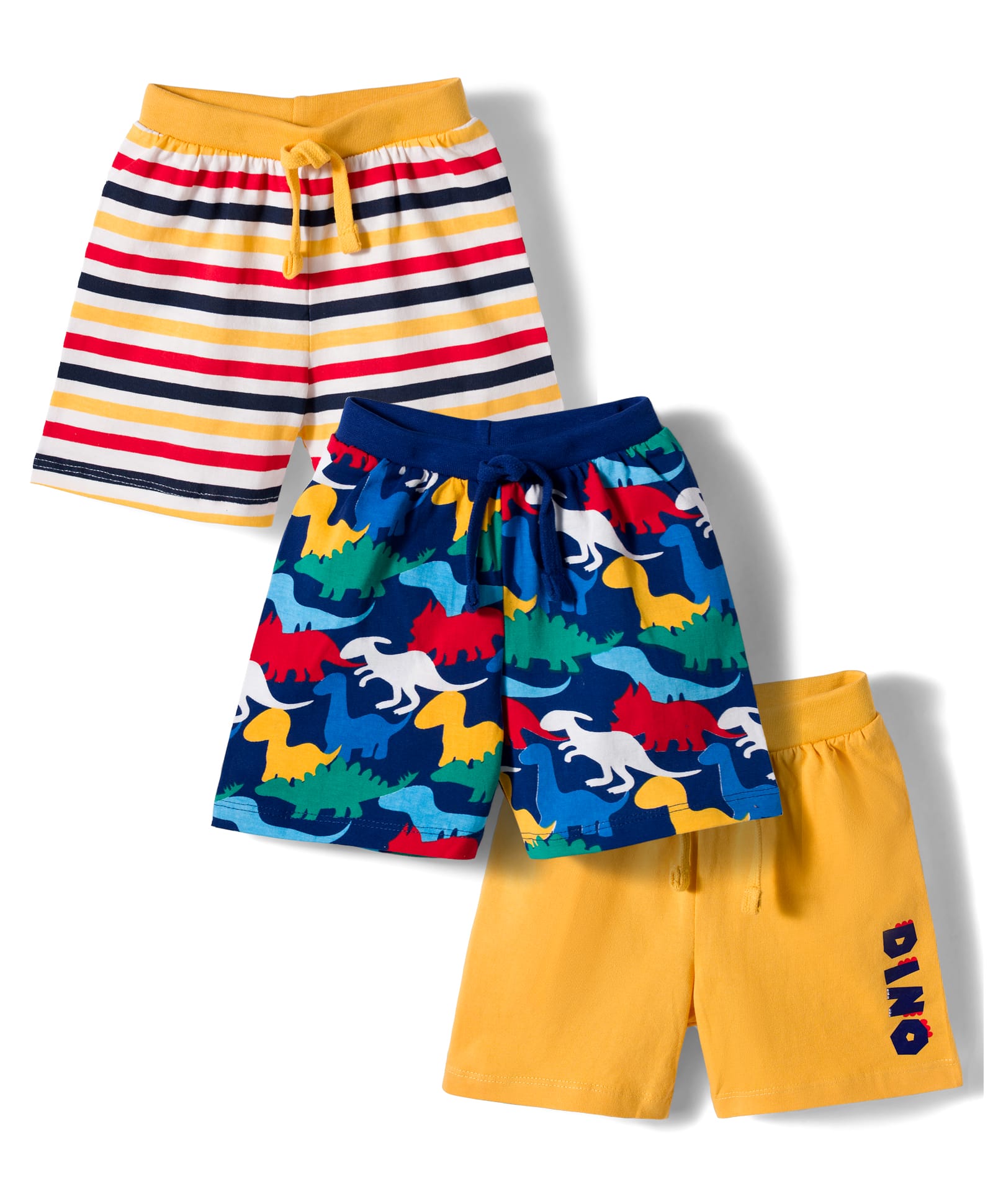 Babyhug Single Jersey Knit Mid Thigh Dino Printed & Striped Shorts Pack Of 3 - Multicolour-picture-27