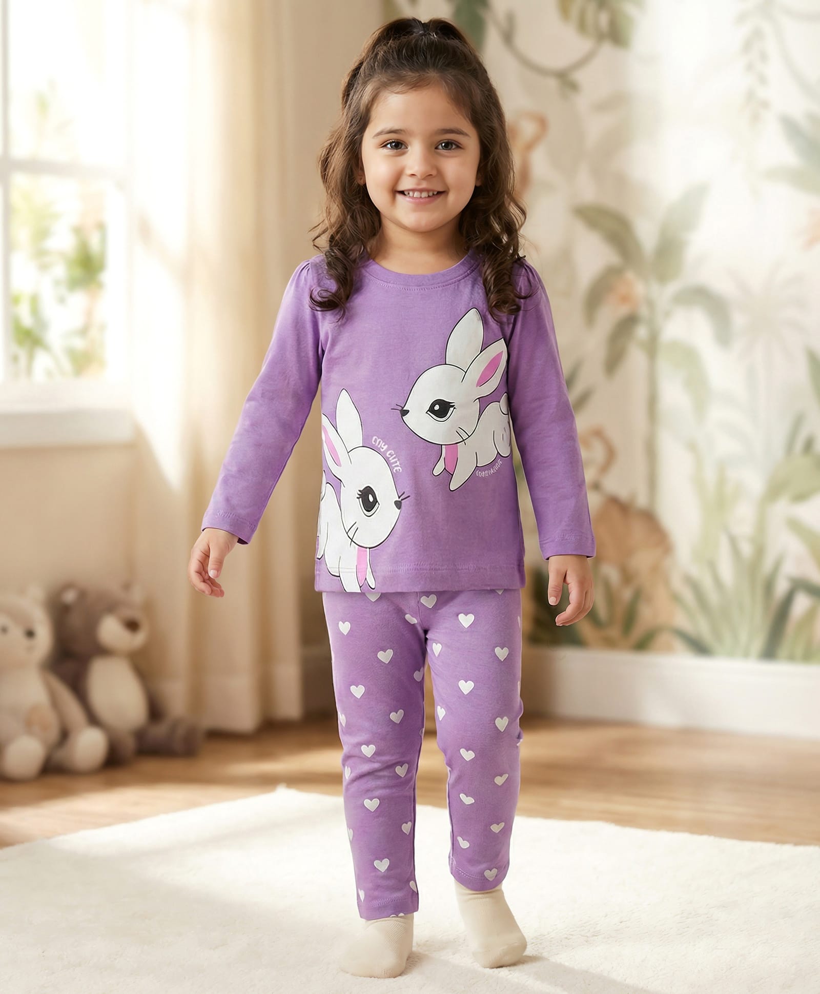 Babyhug Cotton Knit Full Sleeves Rabbit Printed T-Shirt & Hearts Printed Pyjama Night Suit - Lavender-image-14