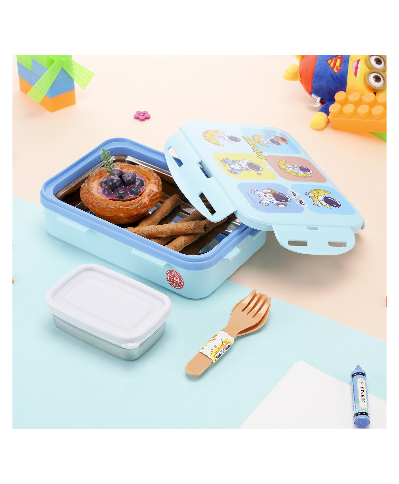 Nayasa Nutri Army DLX Insulated Stainless Steel Leak Proof Lunch Box with Inner Dibbi & Container Blue - 850 ml-picture-0