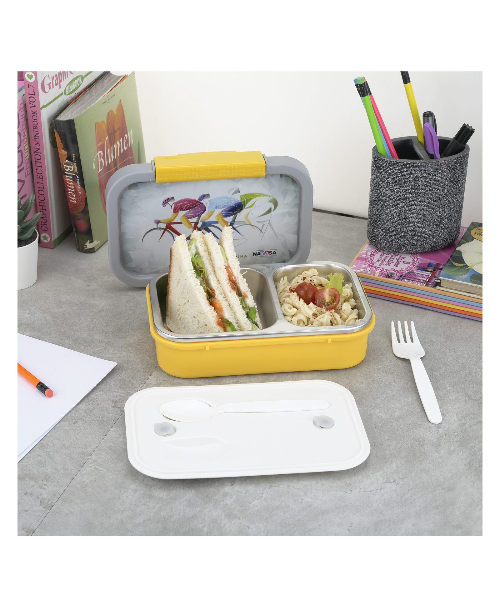 Nayasa Autobot 2 Compartment Vaccum Sealed Insulated Stainless Steel Lunch Box Sports Print Leak Proof Tiffin Box Yellow - 470 ml-picture-49