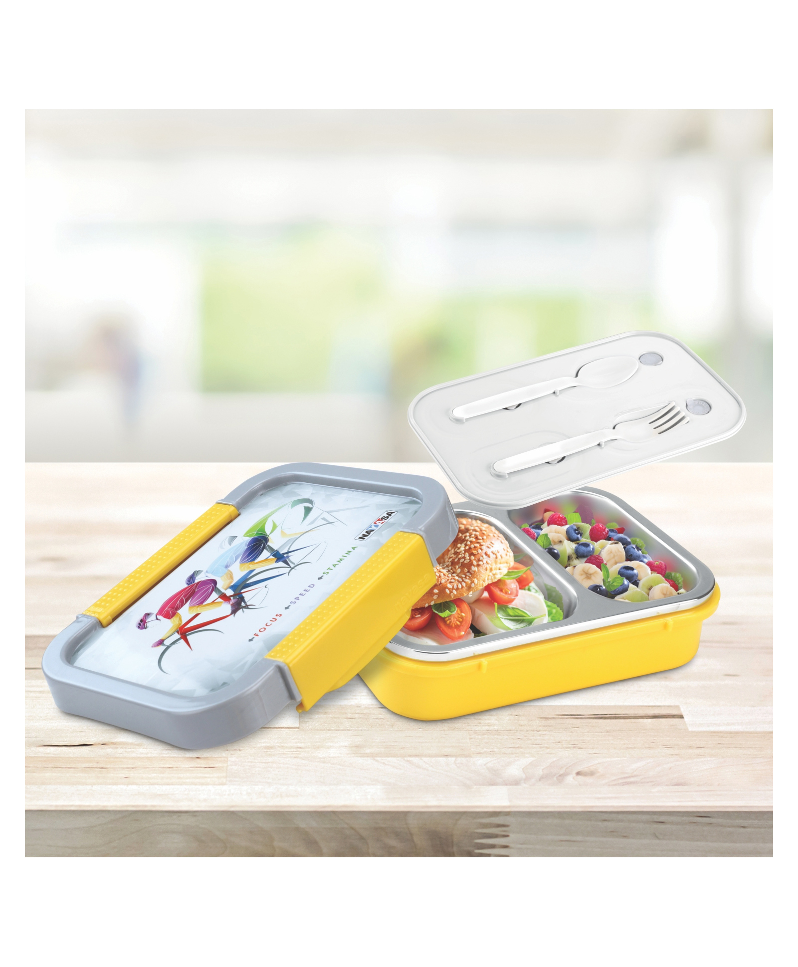 Nayasa 0 Nayasa Autobot 2 Compartment Vaccum Sealed Insulated Stainless Steel Lunch Box | Sports Print | Leak Proof Tiffin Box | Medium | 650 ml | Yellow-picture-4