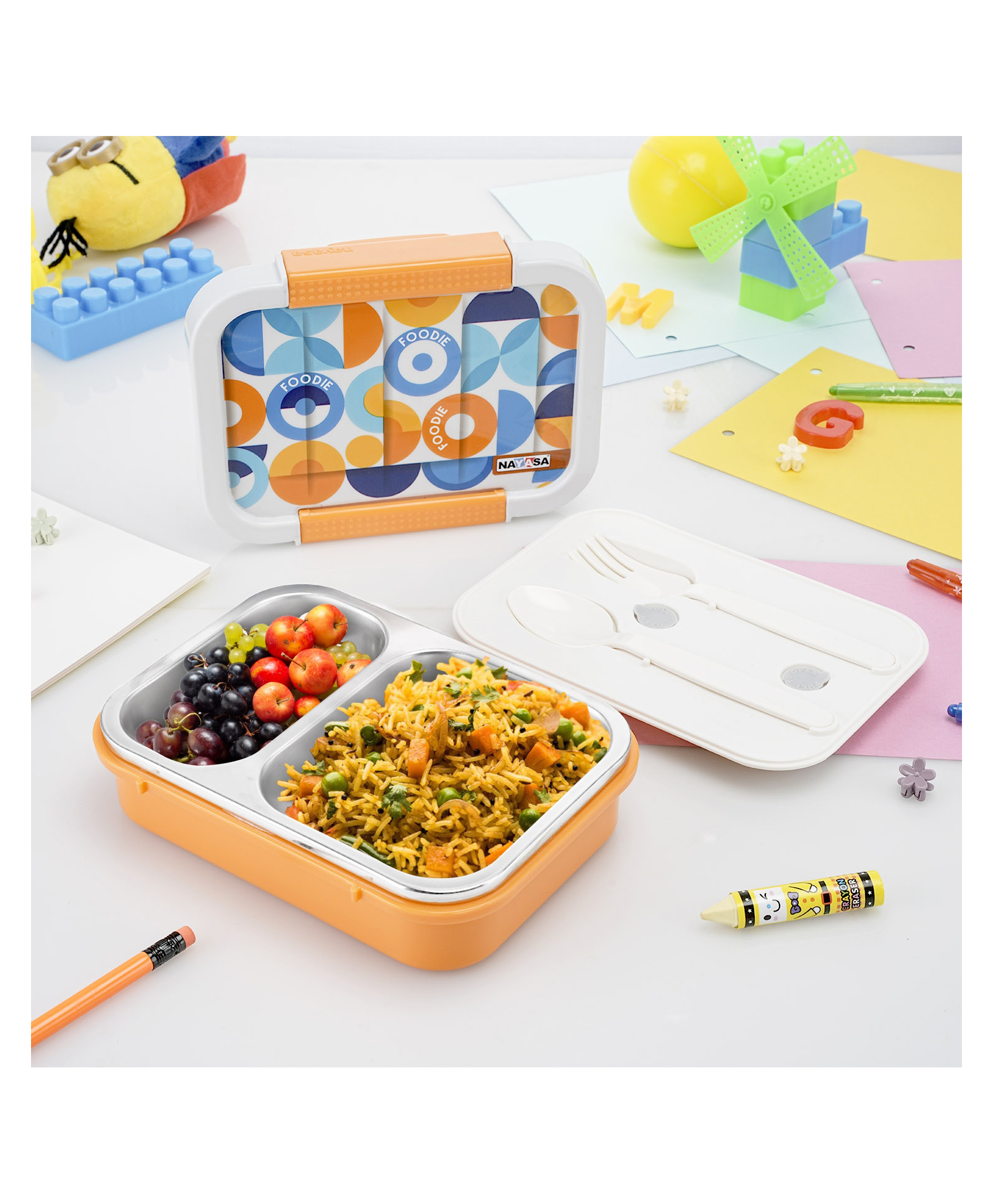 Nayasa Autobot 2 Compartment Vaccum Sealed Insulated Stainless Steel Lunch Box Foodie Print Leak Proof Tiffin Box Medium Orange - 650 ml-image-16
