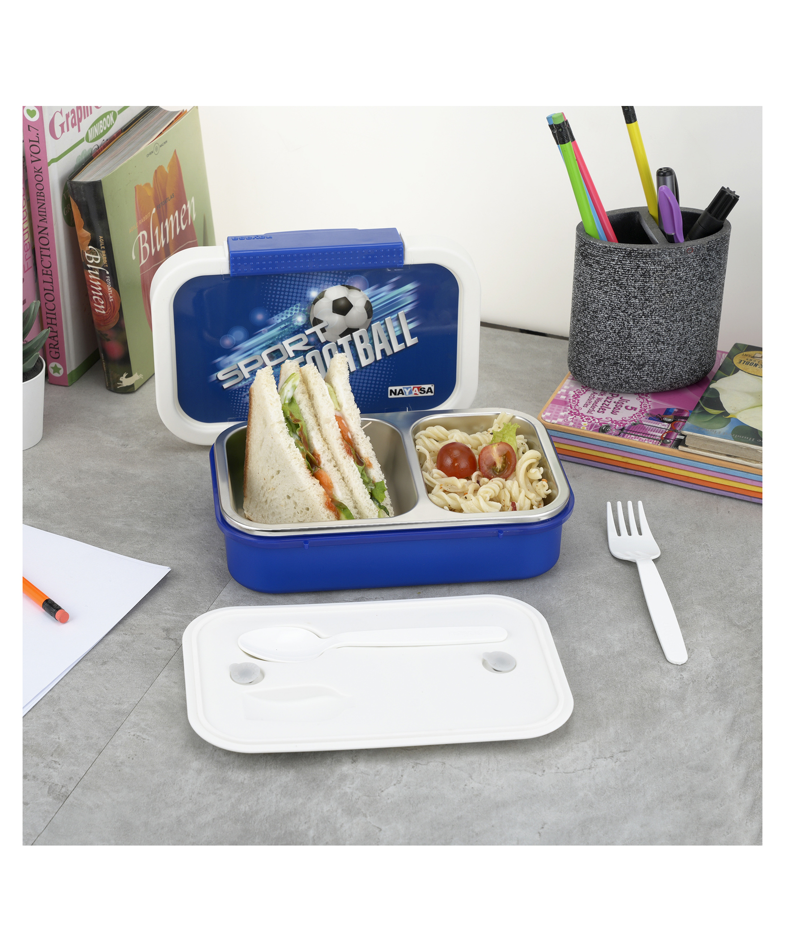 Nayasa Autobot 2 Compartment Vaccum Sealed Insulated Stainless Steel Lunch Box Leak Proof Tiffin Box Medium Blue - 650 ml-picture-48