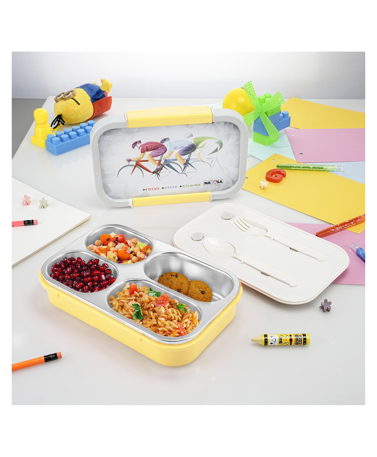 Nayasa Autobot 4 Compartment Vaccum Sealed Insulated Stainless Steel Lunch Box Sports Print Leak Proof Tiffin Box Big Yellow - 700 ml-picture-39