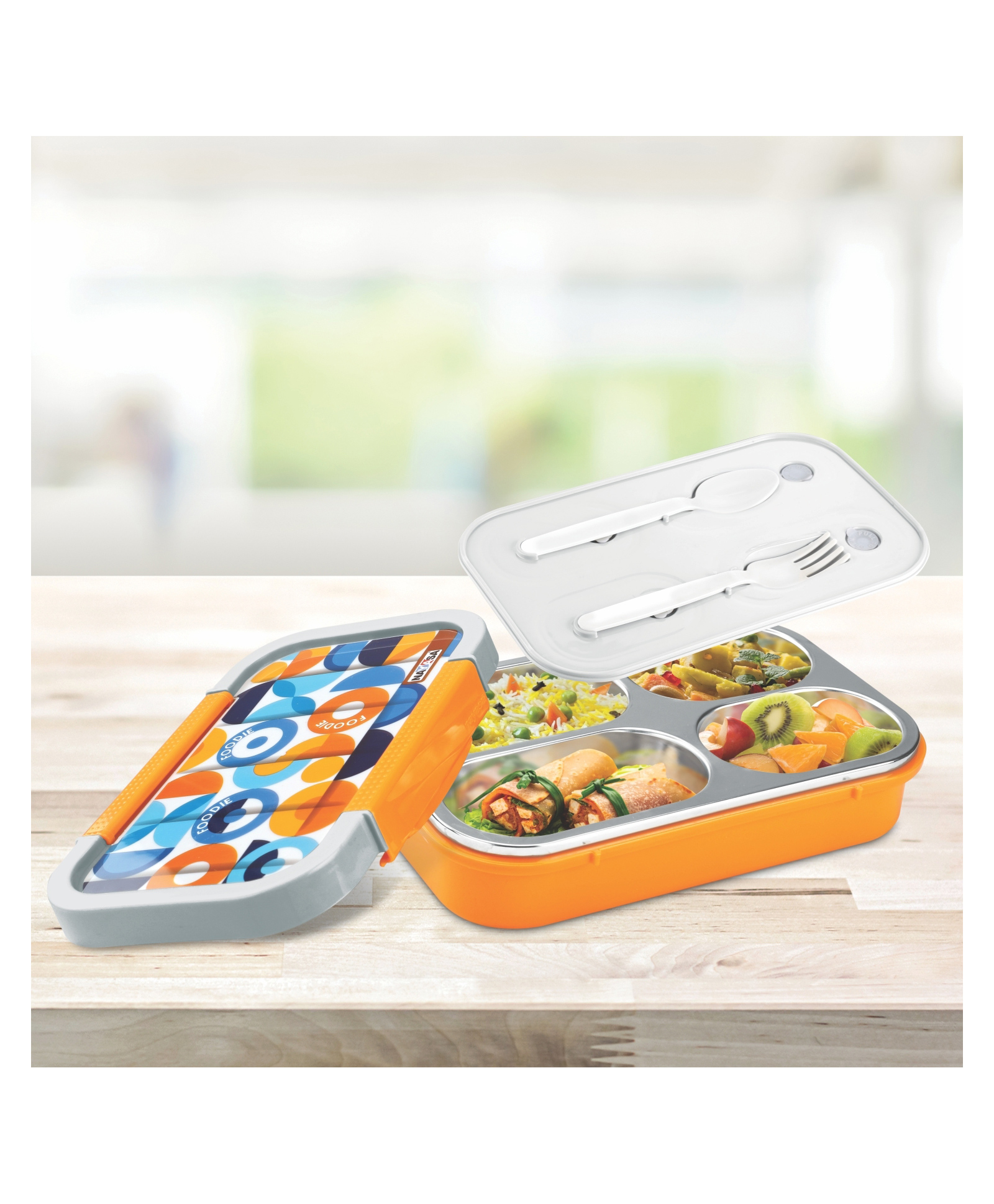 Nayasa Autobot 4 Compartment Vaccum Sealed Insulated Stainless Steel Lunch Box Foodie Print Leak Proof Tiffin Box Big Orange - 700 ml-image-17
