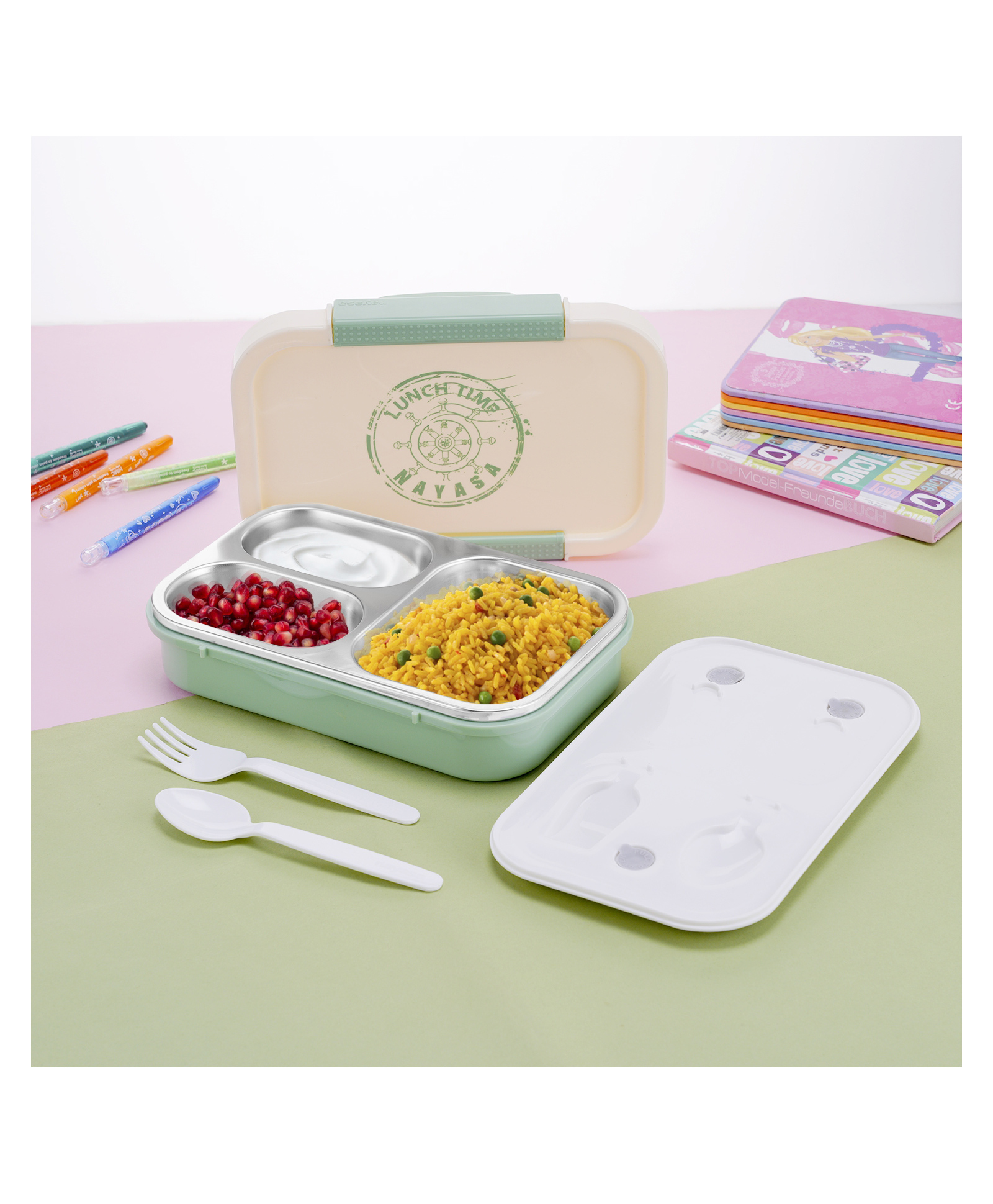 Nayasa Auto Big 3 Compartment Vaccum Sealed Insulated Stainless Steel Lunch Box Leak Proof Tiffin Box Big Green - 700 ml-picture-43
