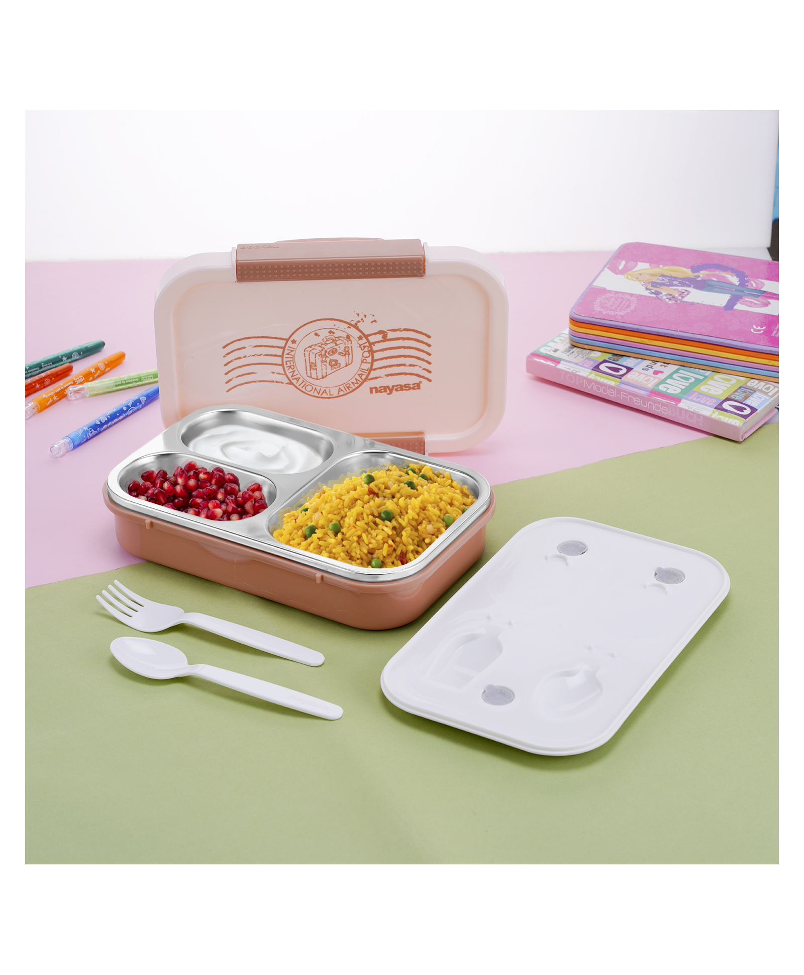 Nayasa Auto- Big 3 Compartment Vaccum Sealed Insulated Stainless Steel Lunch Box | Leak Proof Tiffin Box | Big | 700 ml - Pink-picture-5