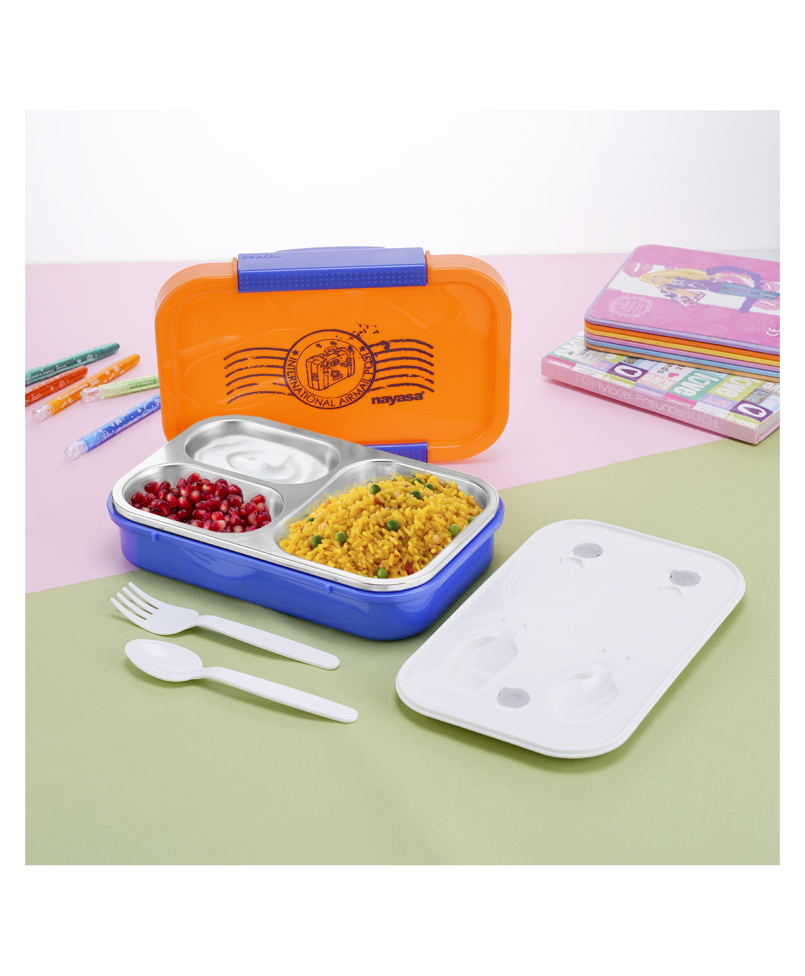 Nayasa Auto- Big 3 Compartment Vaccum Sealed Insulated Stainless Steel Lunch BoxLeak Proof Tiffin Box Big Blue - 700 ml