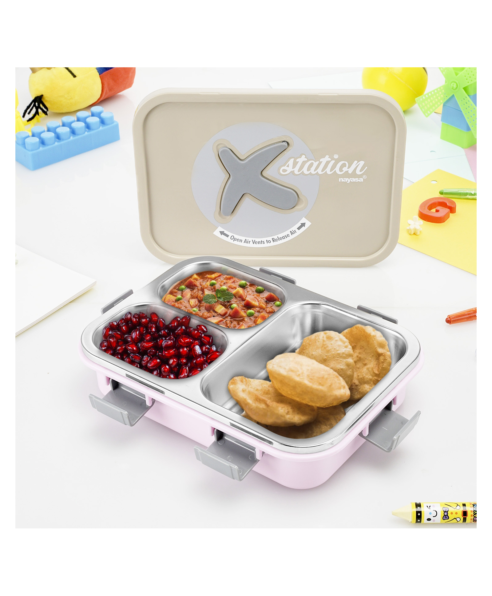 Nayasa X-Station Lunch Box | 750 ml | Stainless Steel Inner | Leakproof | Durable | Perfect for School Kids | 22.2 cm X 16.2 cm X 5.6 cm | Grey & Pink-image-19