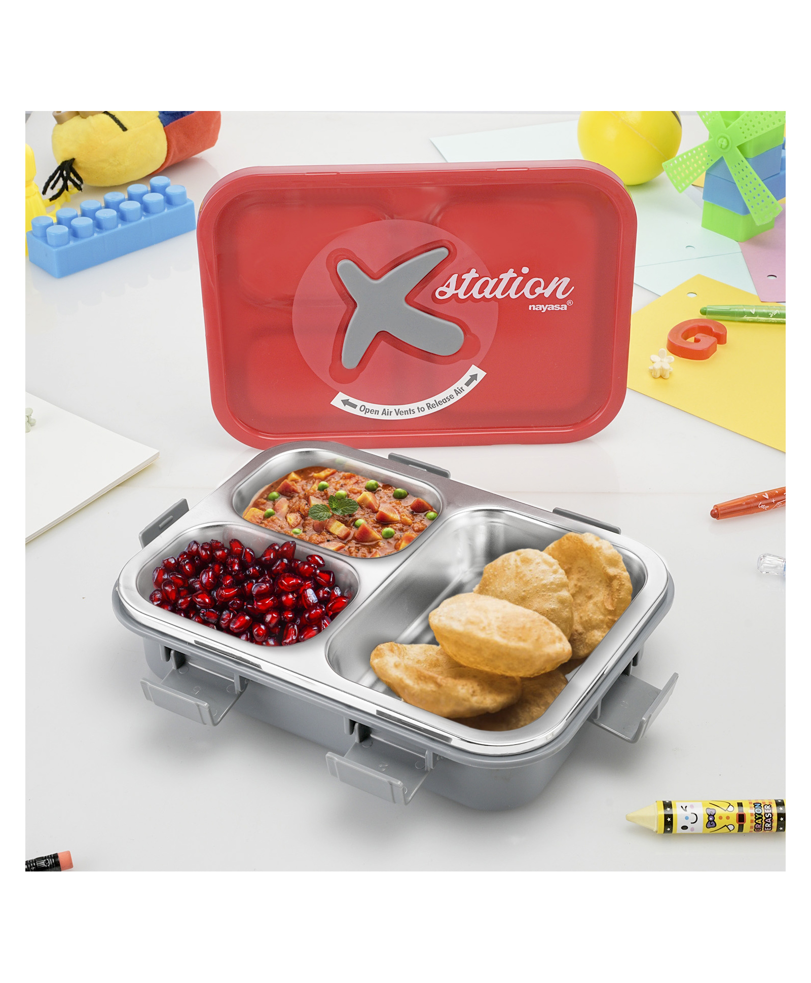 Nayasa X-Station Lunch Box | 750 ml | Stainless Steel Inner | Leakproof | Durable | Perfect for School Kids | 22.2 cm X 16.2 cm X 5.6 cm | Red & Grey-image-20