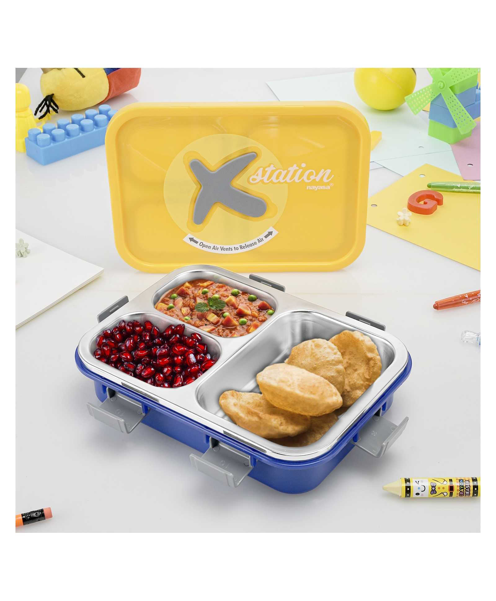 Nayasa X-Station Lunch Box | 750 ml | Stainless Steel Inner | Leakproof | Durable | Perfect for School Kids | 22.2 cm X 16.2 cm X 5.6 cm | Yellow & Blue-picture-2