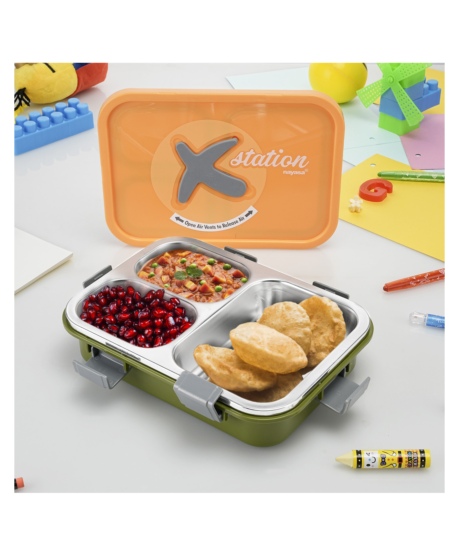 Nayasa X-Station Lunch Box | 750 ml | Stainless Steel Inner | Leakproof | Durable | Perfect for School Kids | 22.2 cm X 16.2 cm X 5.6 cm | Orange & Green-image-22
