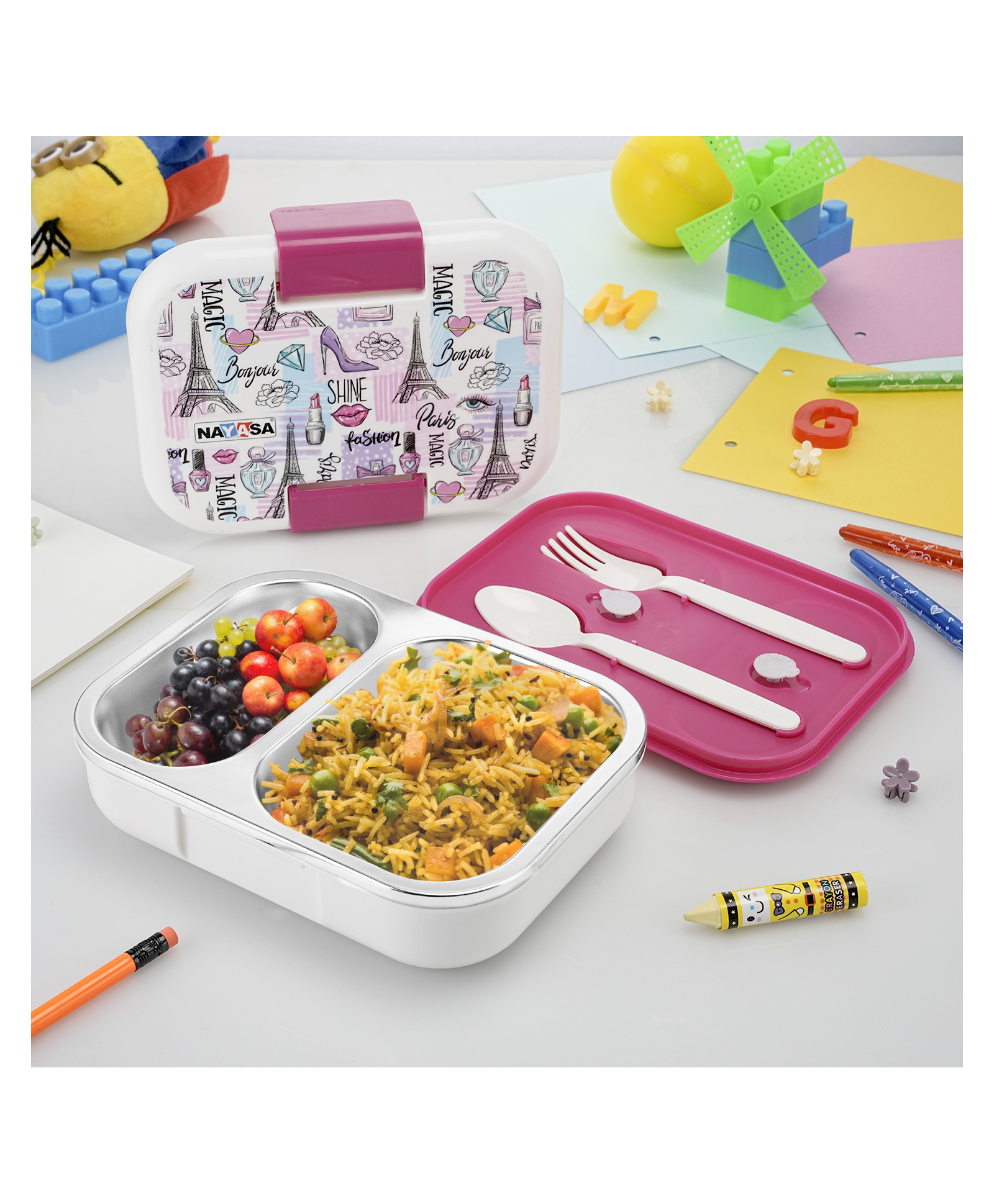 Nayasa Marco 2 Compartment Stainless Steel Insulated Lunch Box for Kids Paris Print Vacuum Sealed & Leak Proof Tiffin White - 650 ml-picture-14