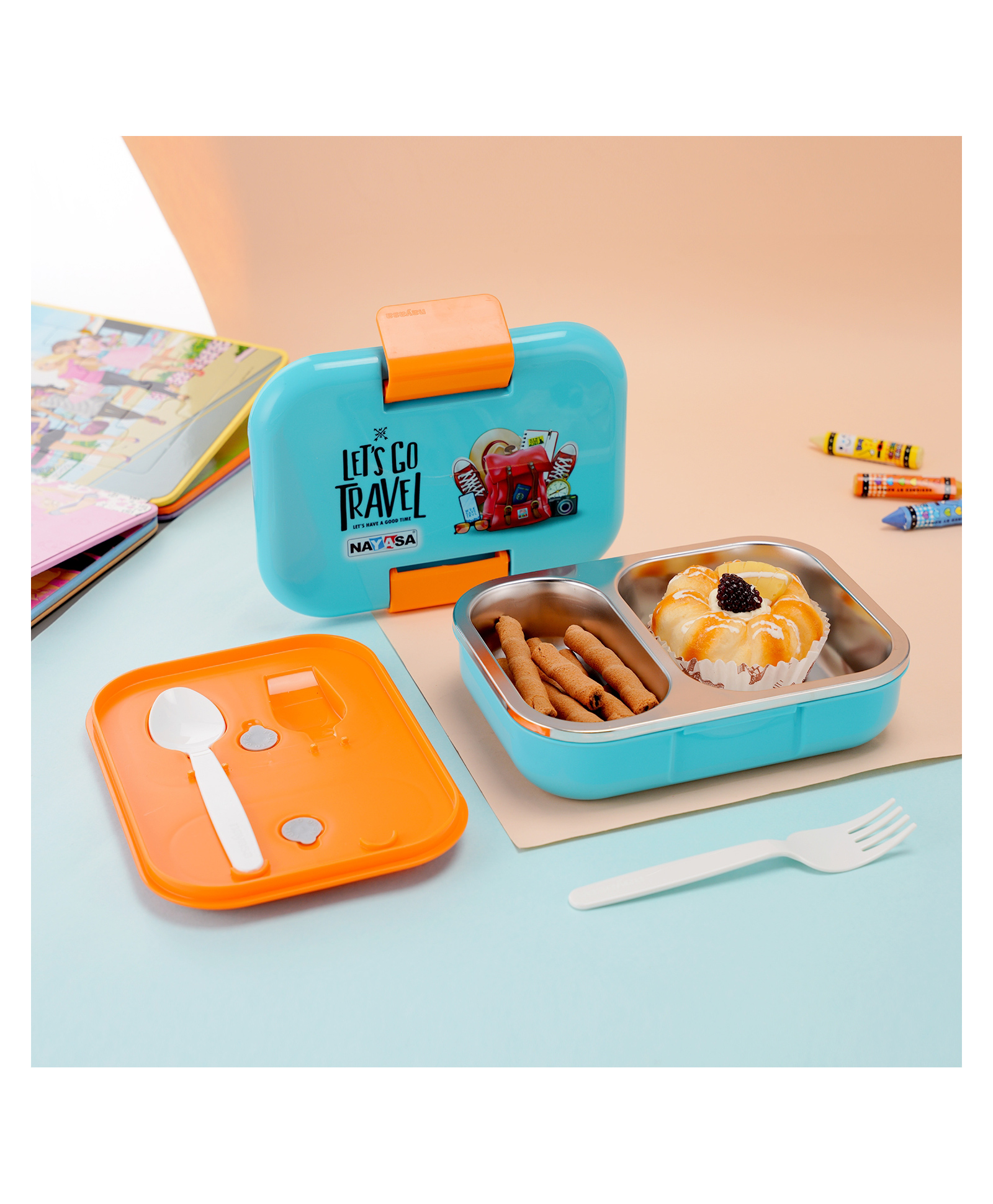 Nayasa Marco 2 Compartment Stainless Steel Insulated Lunch Box for Kids Paris Print Vacuum Sealed & Leak Proof Tiffin Blue - 650 ml-picture-11