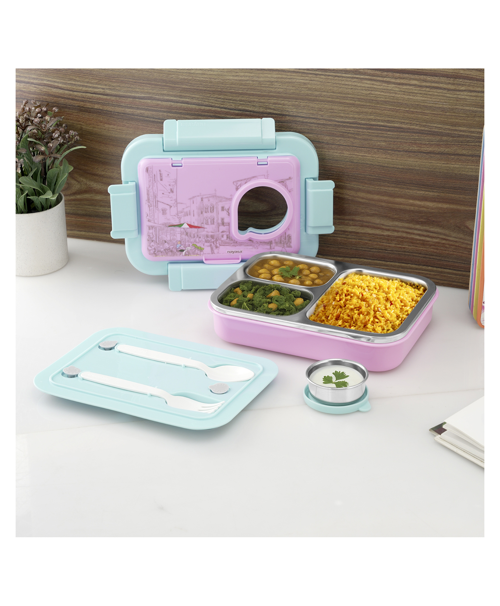 Nayasa Rainbow Insulated Inner Stainless Steel Lunchbox 3 Compartment & 1 Small Container BPA Free & Food Grade Plastic Tiffin Cafe Street Theme Pink - 750 ml-image-41