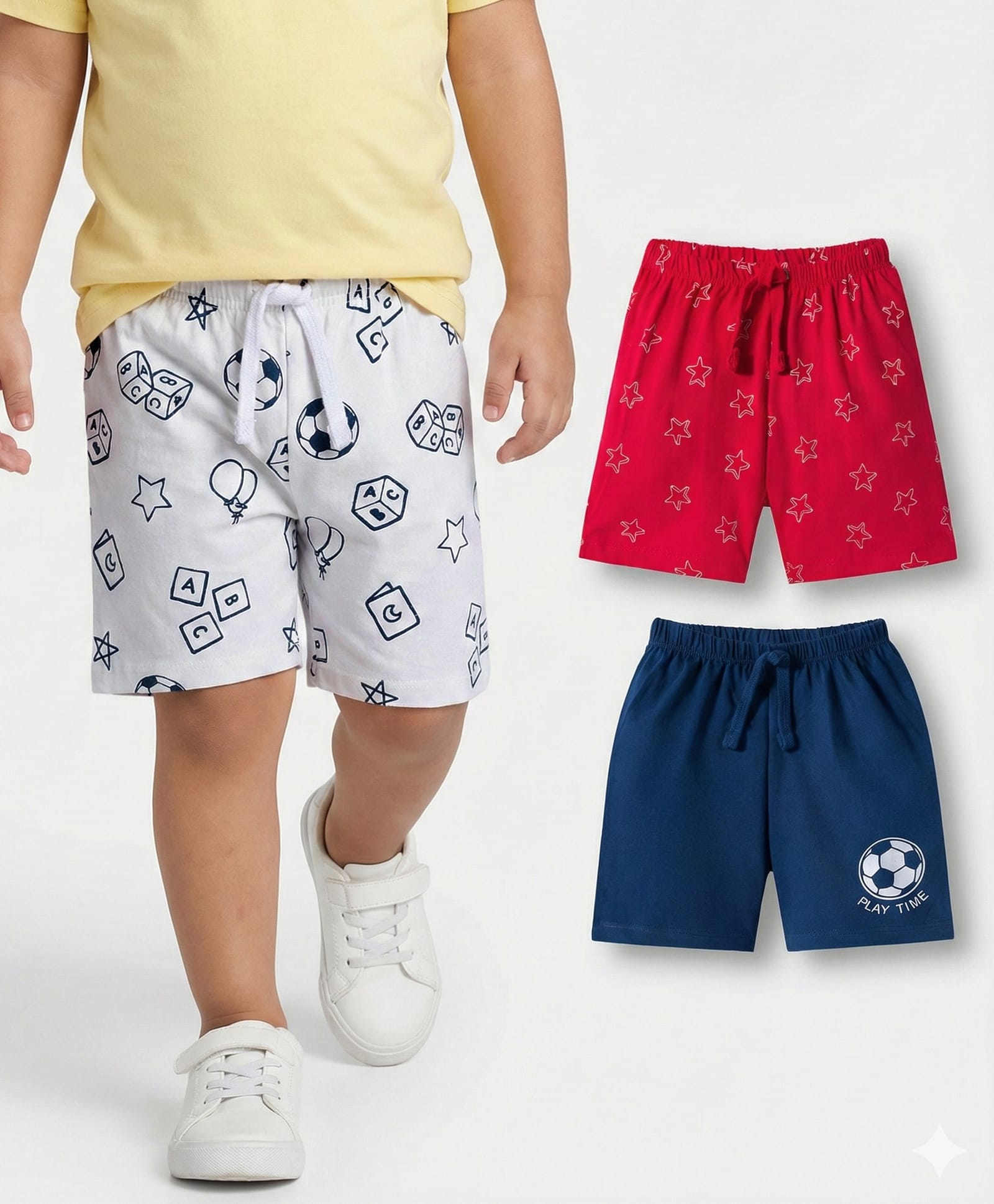 Babyhug Single Jersey Knit Mid Thigh Shorts With Football Print Pack Of 3 - Red Navy Blue & White-image-42