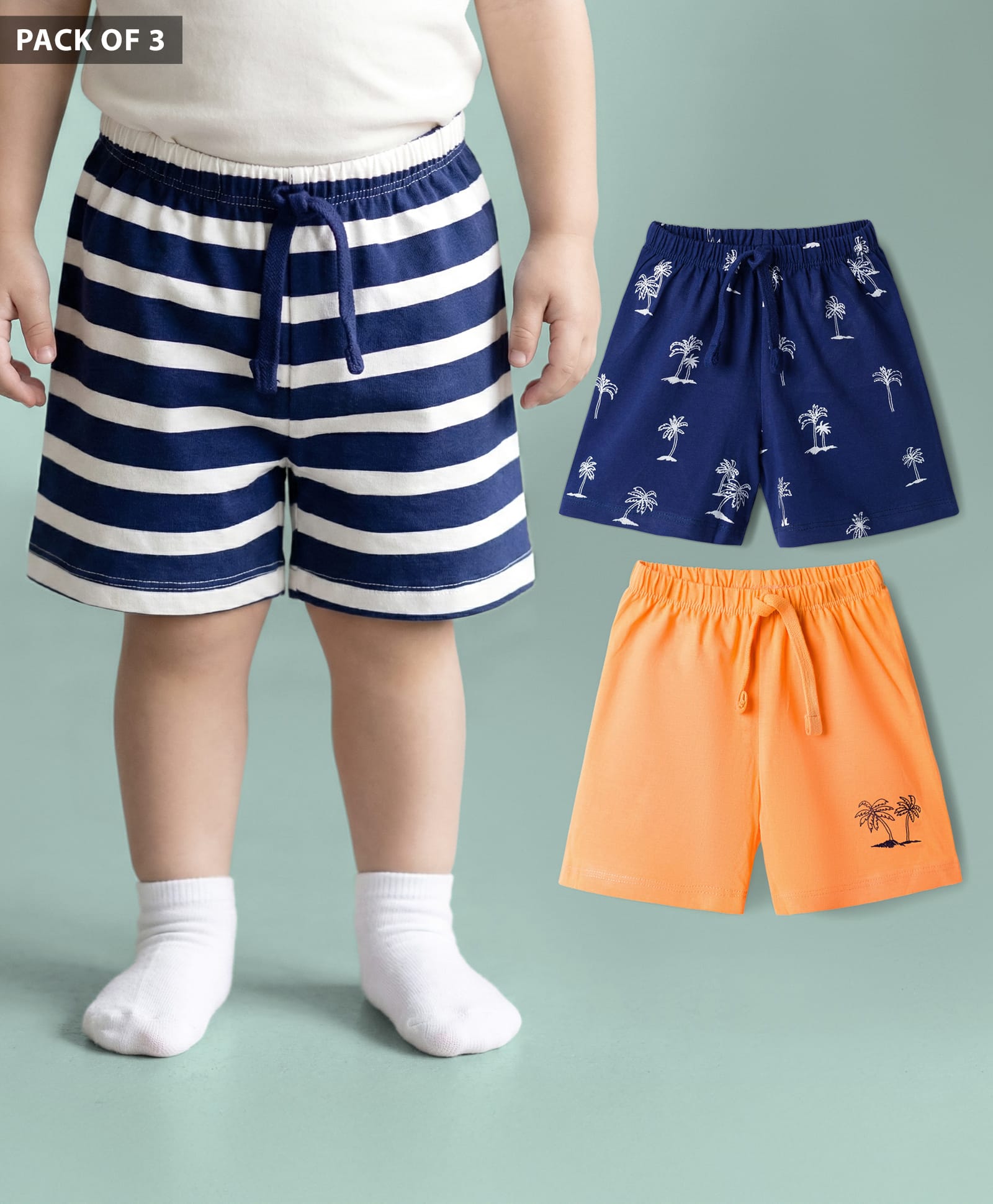 Babyhug Single Jersey Knit Mid Thigh Striped & Tree Printed Shorts Pack of 3 - Navy Blue Orange & White-image-25