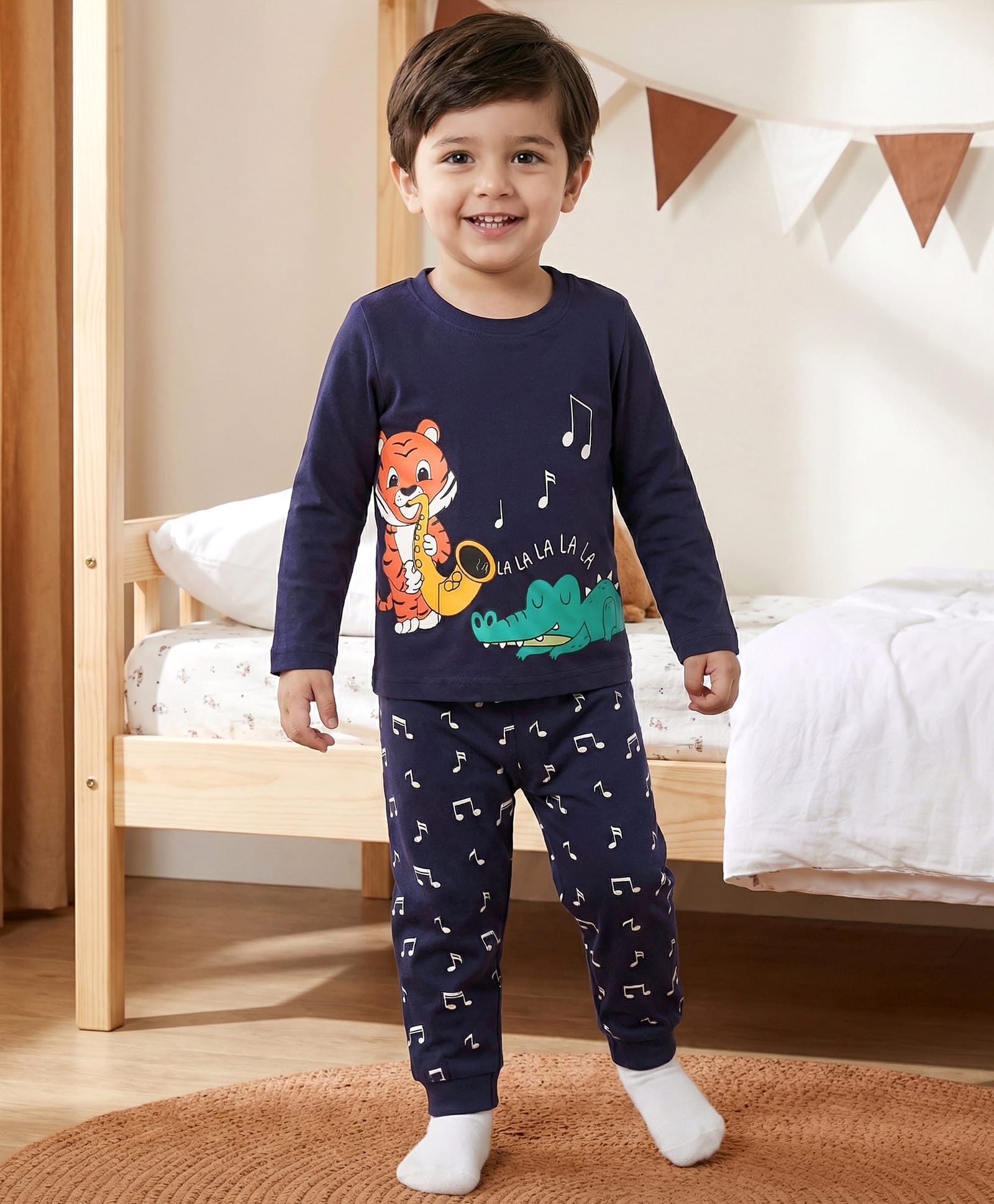 Babyhug Cotton Knit Full Sleeves T-Shirt & Pyjama Night Suit With Dino & Tiger Print - Navy Blue-image-33