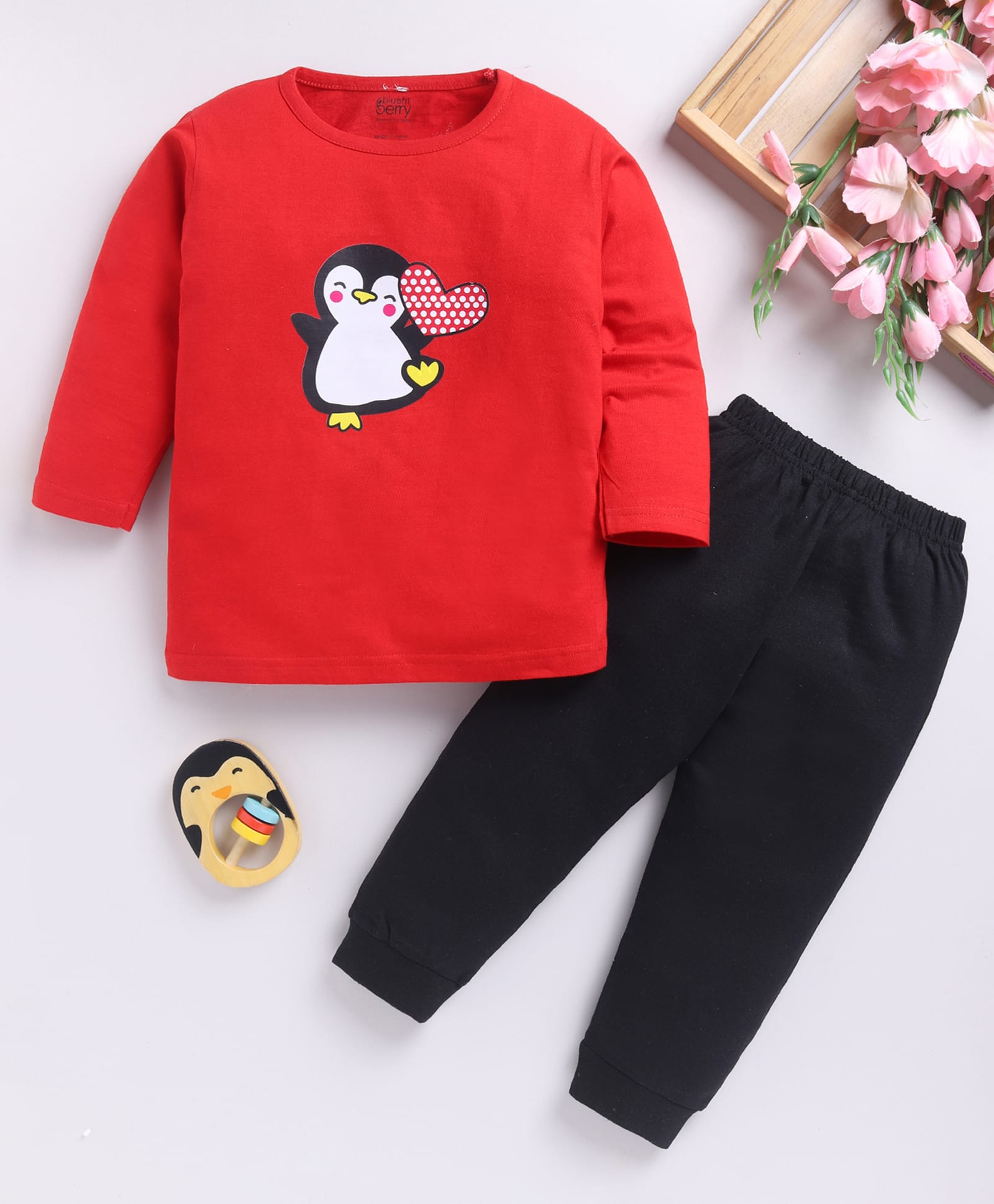 blushh berry Cotton Knit Full Sleeves Penguin Printed Top With Pant Set - Red-picture-24
