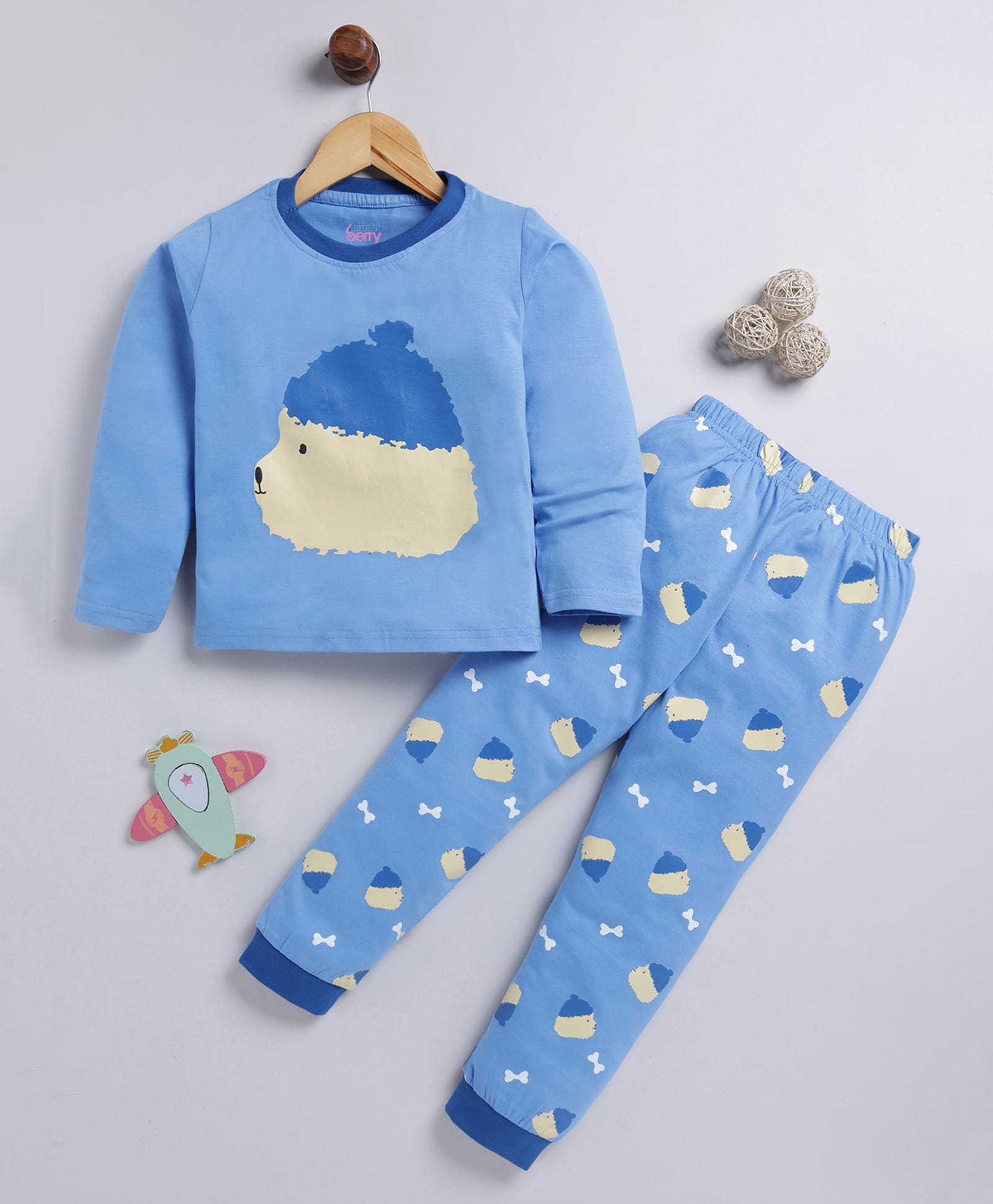 blushh berry Cotton Knit Full Sleeves Bear Face Printed Tee With Pant Set - Blue-image-45
