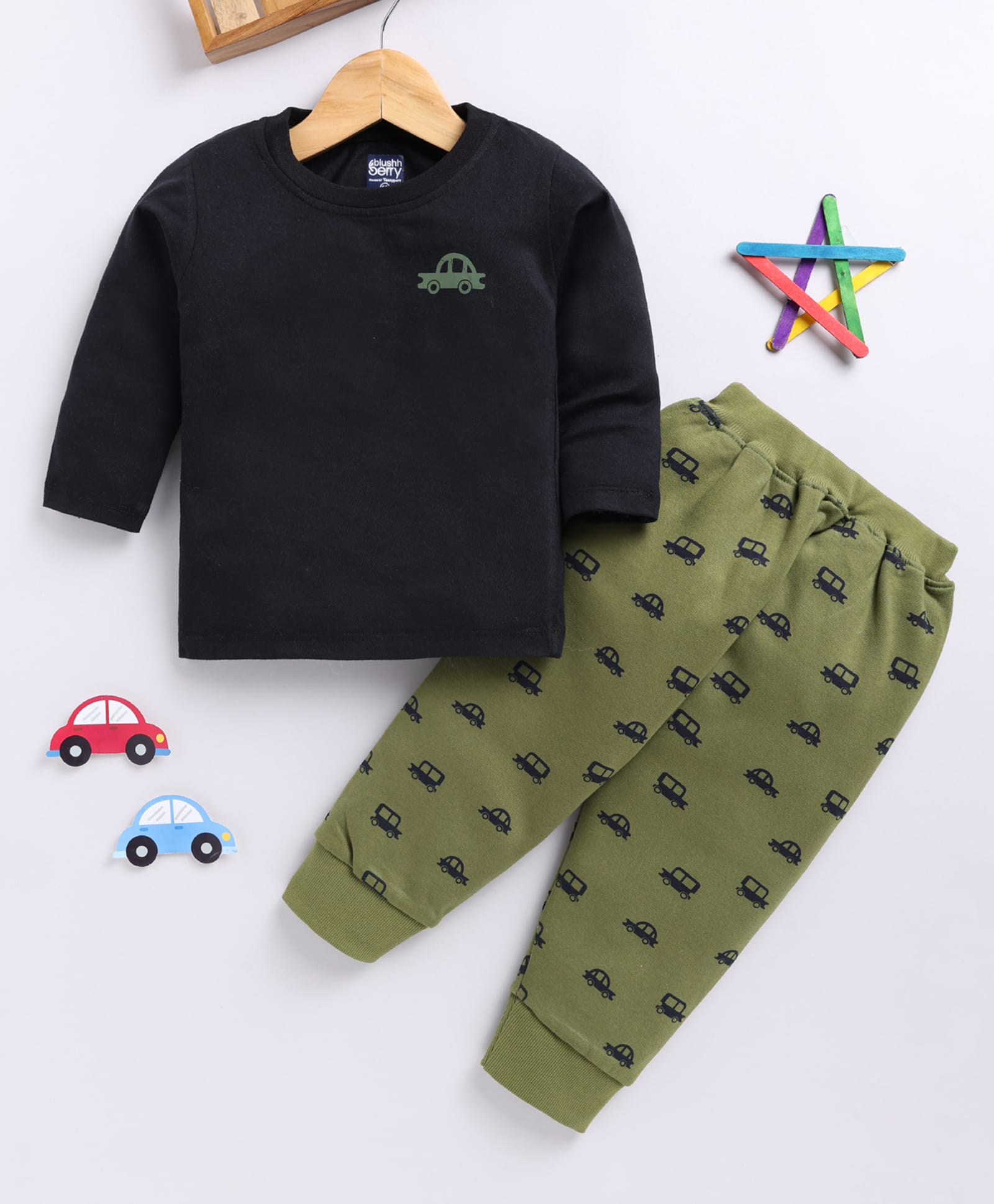 blushh berry Cotton Blend Knit Full Sleeves Car Printed Tee With Pant Set - Green-image-43