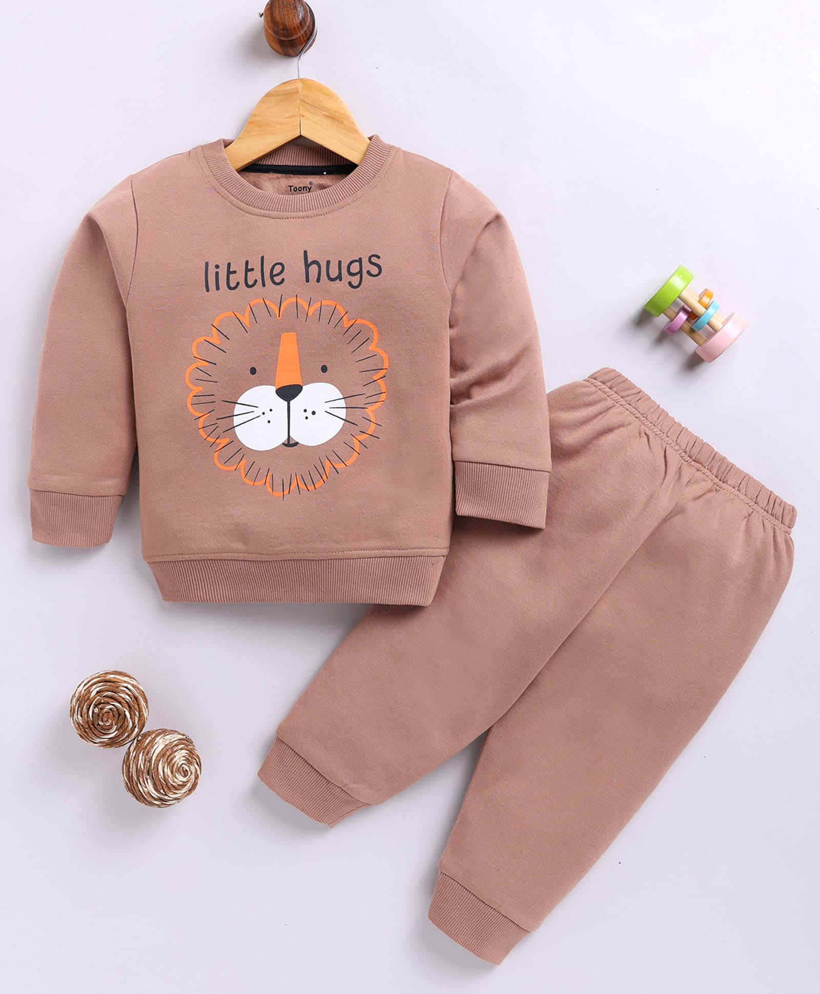 blushh berry Cotton Blend Knit Full Sleeves Little Hugs Text & Lion Face Printed Light Winter Sweatshirt With Jogger Set - Brown-image-2