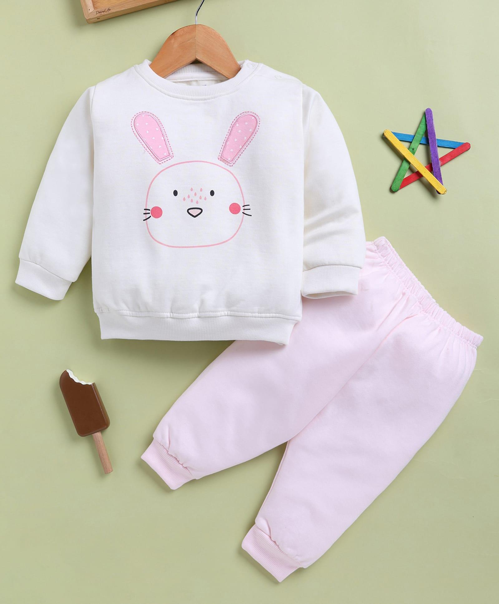 blushh berry Cotton Blend Knit Full Sleeves Rabbit Printed Light Winter Sweatshirt With Jogger Set - Pink-image-1