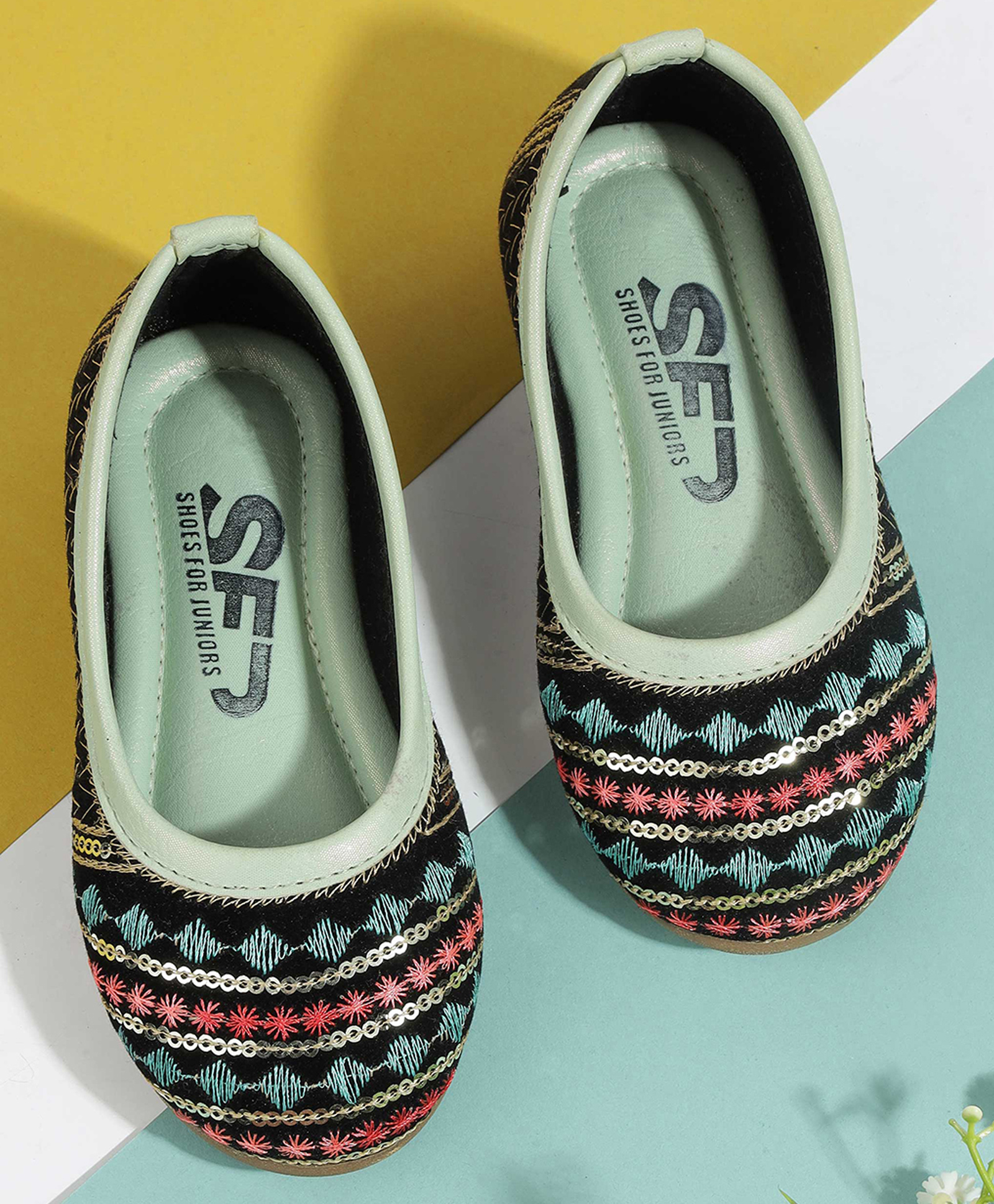 SHOES FOR JUNIORS Sequins Embellished Threadwork Detailed Ballerinas - Green-image-1