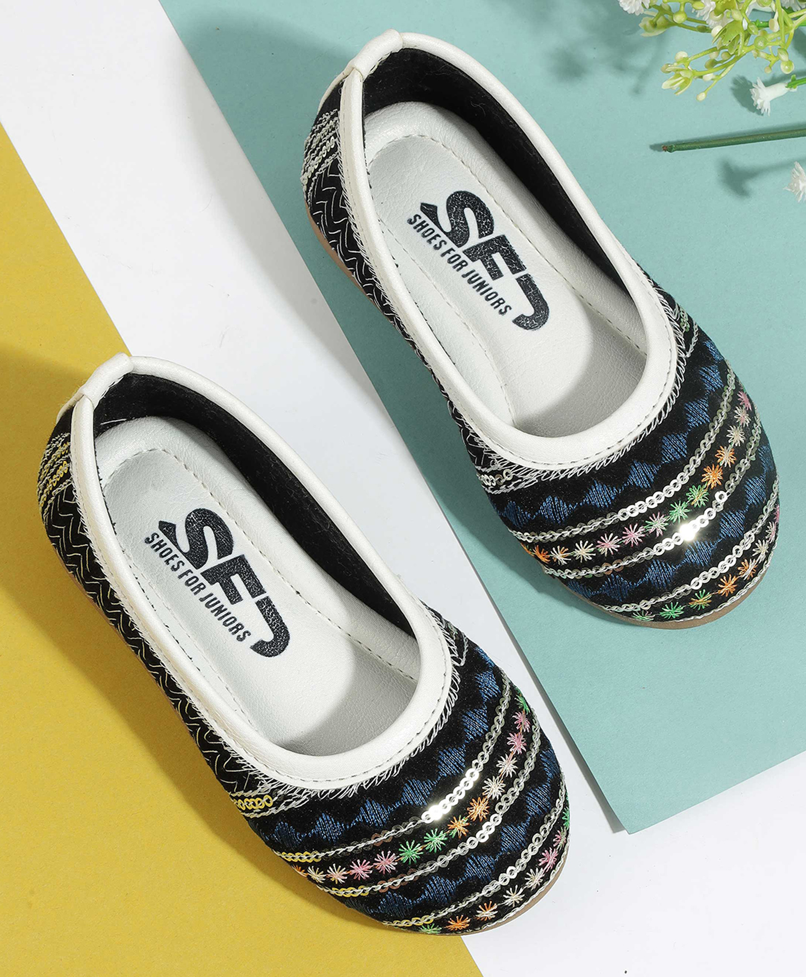 SHOES FOR JUNIORS Sequins Embellished Threadwork Detailed Ballerinas - White-image-33