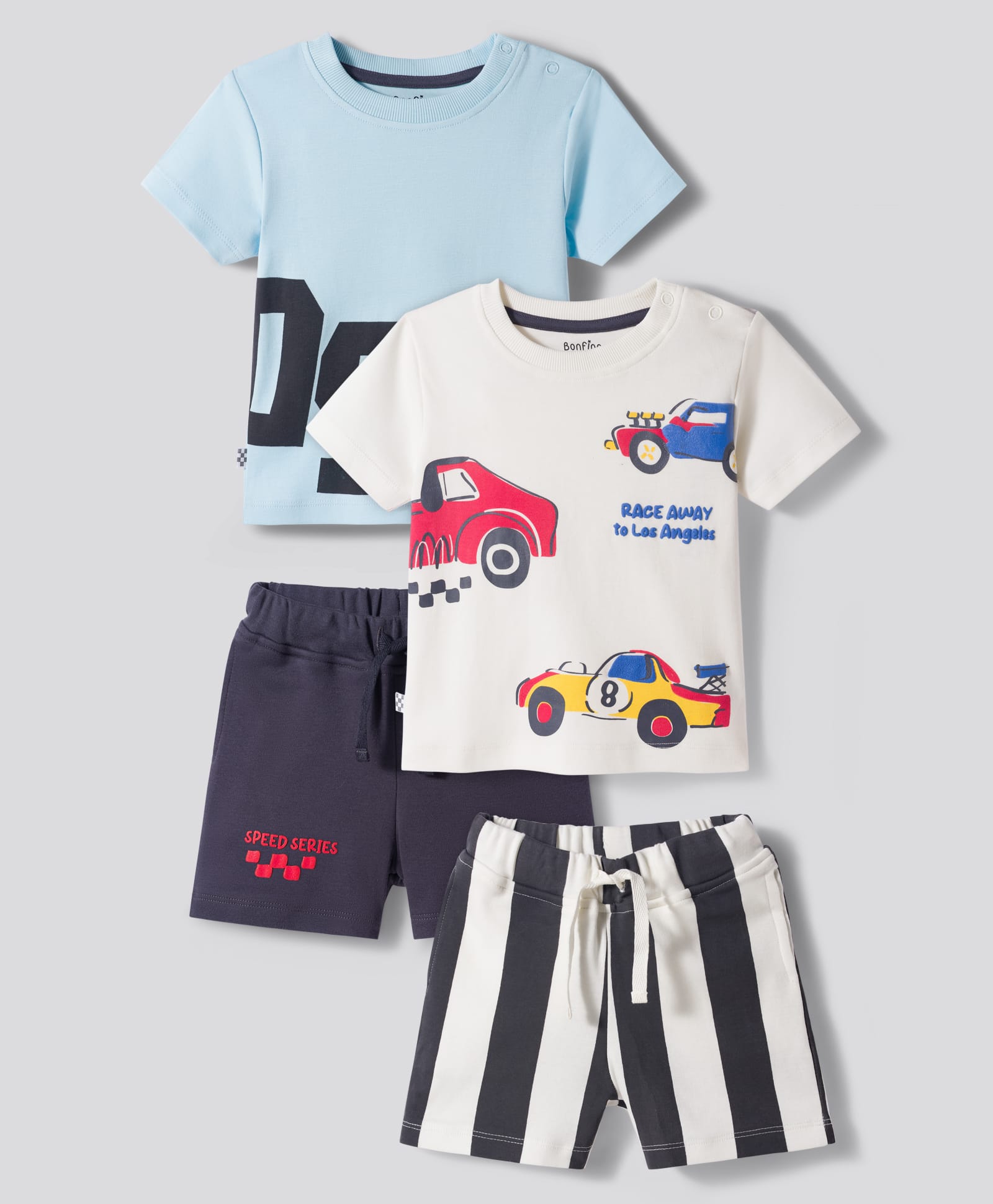 Bonfino 100% Cotton Half Sleeves Shorts Night Suit With Vehicle Print Pack Of 2 - White & Light Blue-image-32