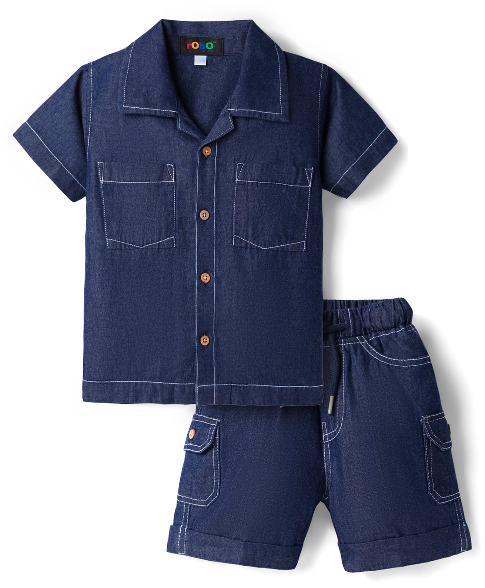 Robo Fry Cotton Woven Half Sleeves Solid Party Shirt & Shorts Set - Navy Blue-image-44