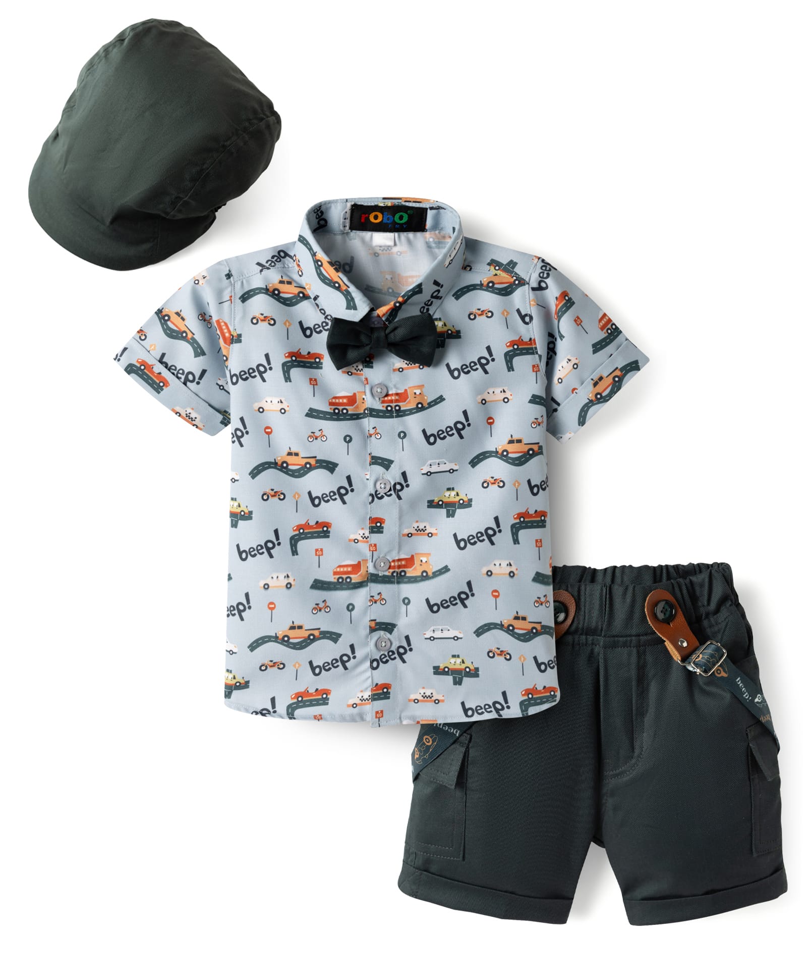 ROBO FRY Cotton Woven Half Sleeves Vehicle Printed Party Shirt & Shorts Set with Bow Cap & Suspender - Grey-picture-46