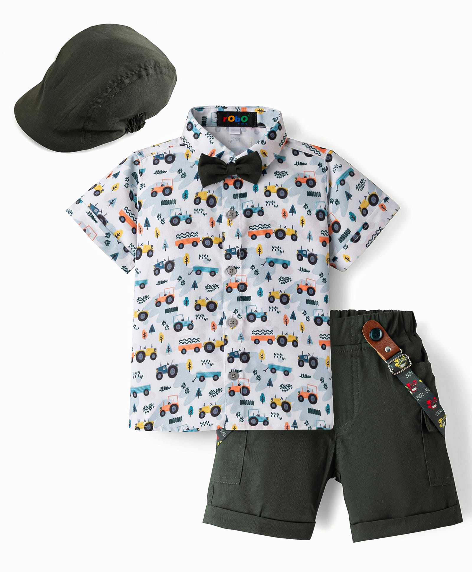 ROBO FRY Cotton Woven Half Sleeves Farming Printed Party Shirt & Shorts Set with Bow Cap & Suspender - Green-picture-36