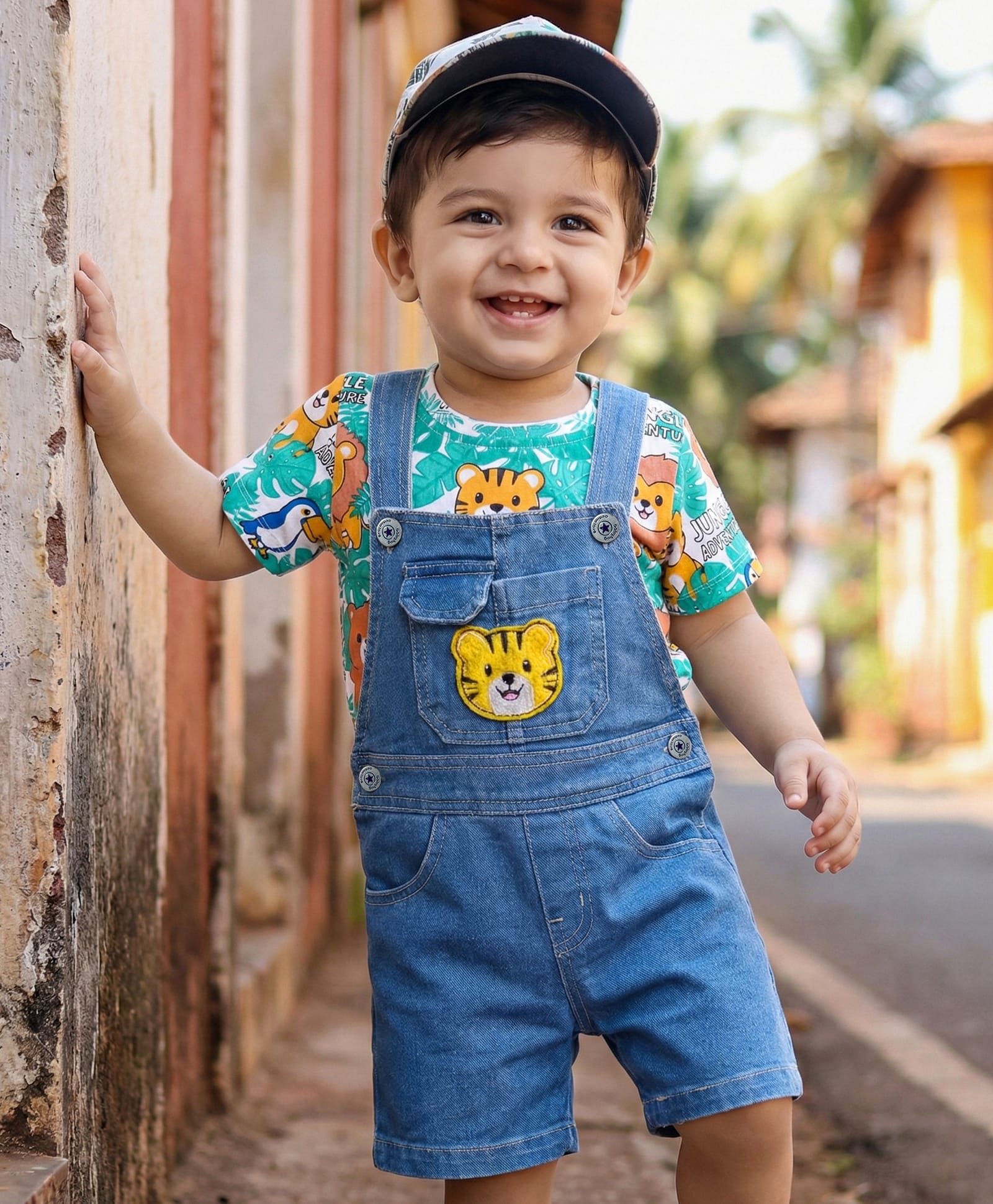 Babyhug Single Jersey Knit Half Sleeves Animal Printed T-Shirt & Denim Dungaree with Tiger Embroidery - Blue-image-32