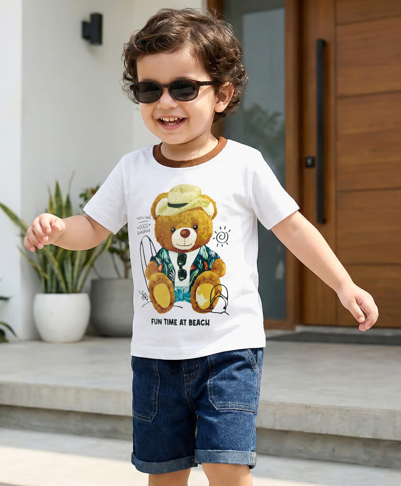 Babyhug Single Jersey Knit Half Sleeves Bear Printed T-Shirt & Shorts Set - White & Navy Blue-picture-23