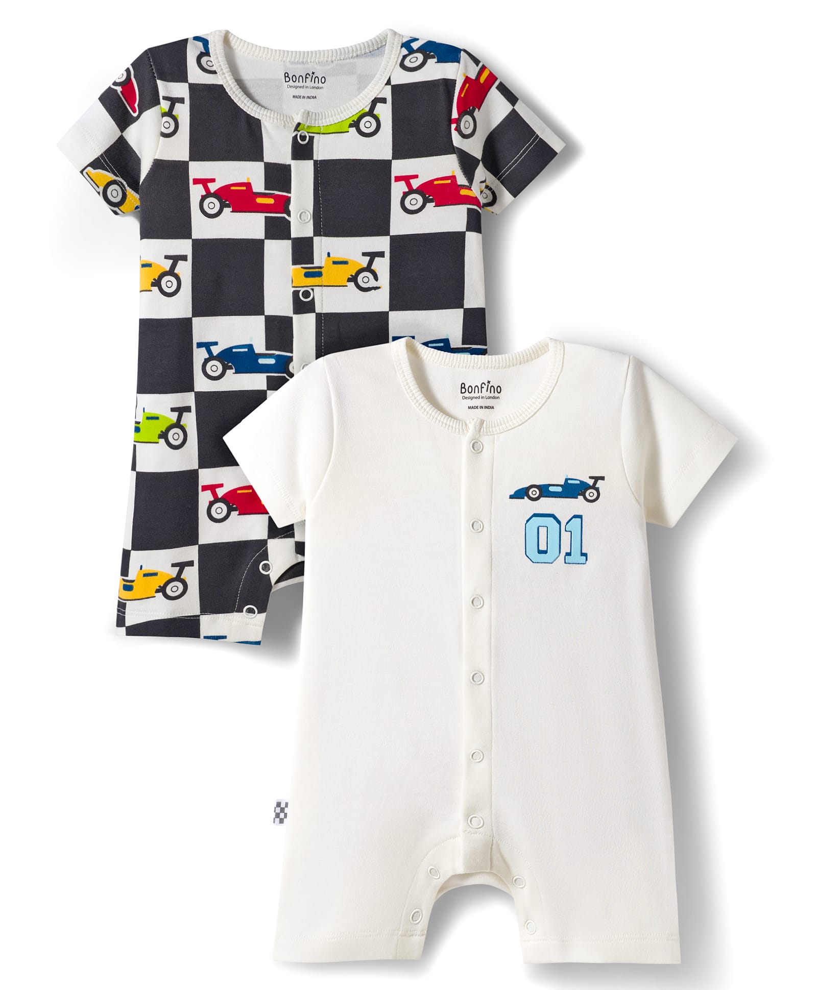 Bonfino 100% Cotton Knit Half Sleeve Car Printed Front Open Rompers Pack Of 2 - White-image-18
