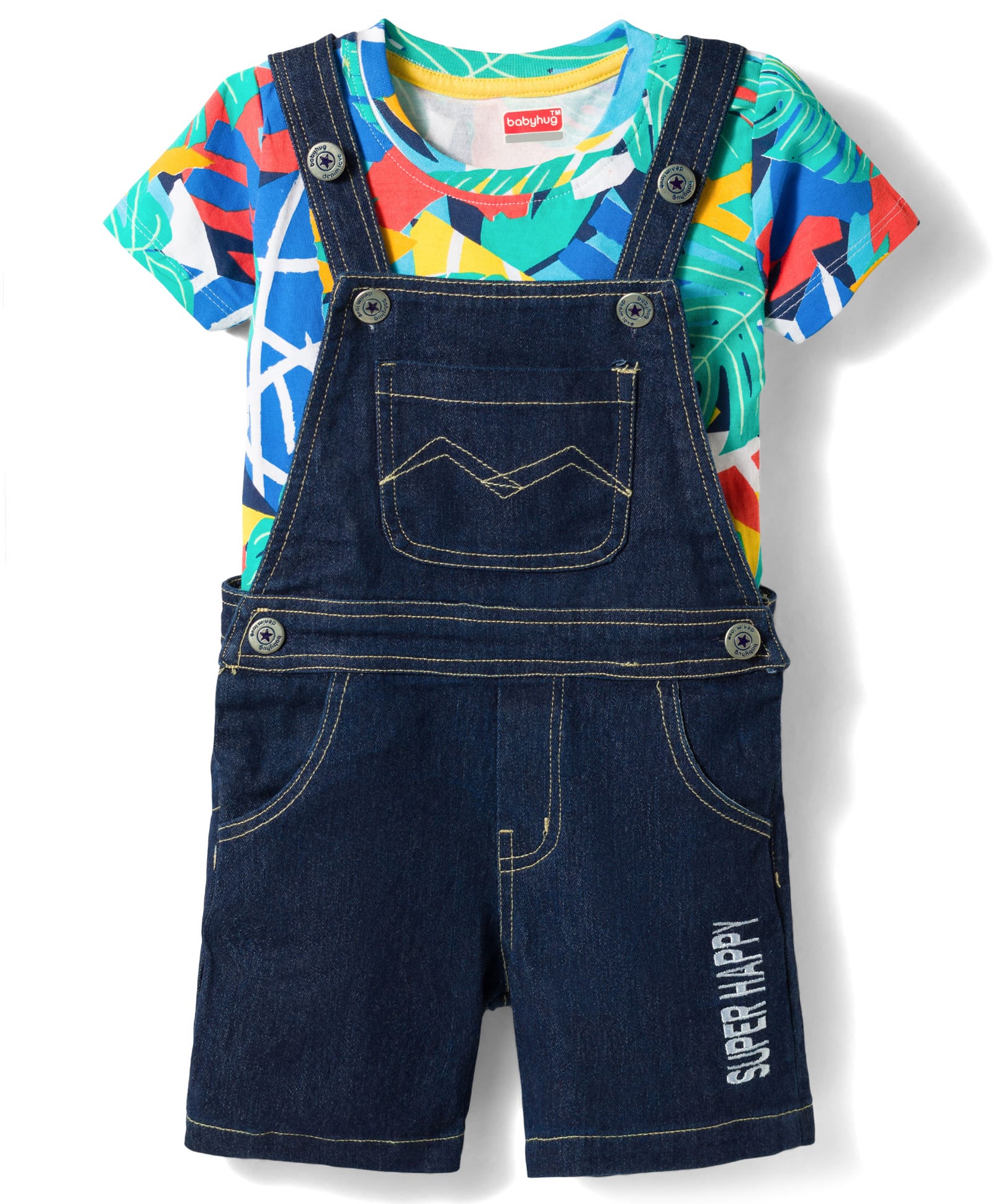 Babyhug Single Jersey Knit Half Sleeves Abstract Printed Tee & Dungaree Set - Multicolour-image-42