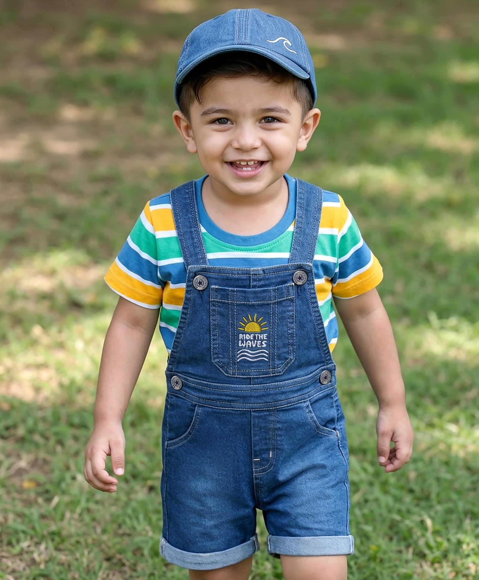 Babyhug Single Jersey Knit Half Sleeves Striped T-Shirt & Denim Dungarees Set with Embroidery - Blue-image-7