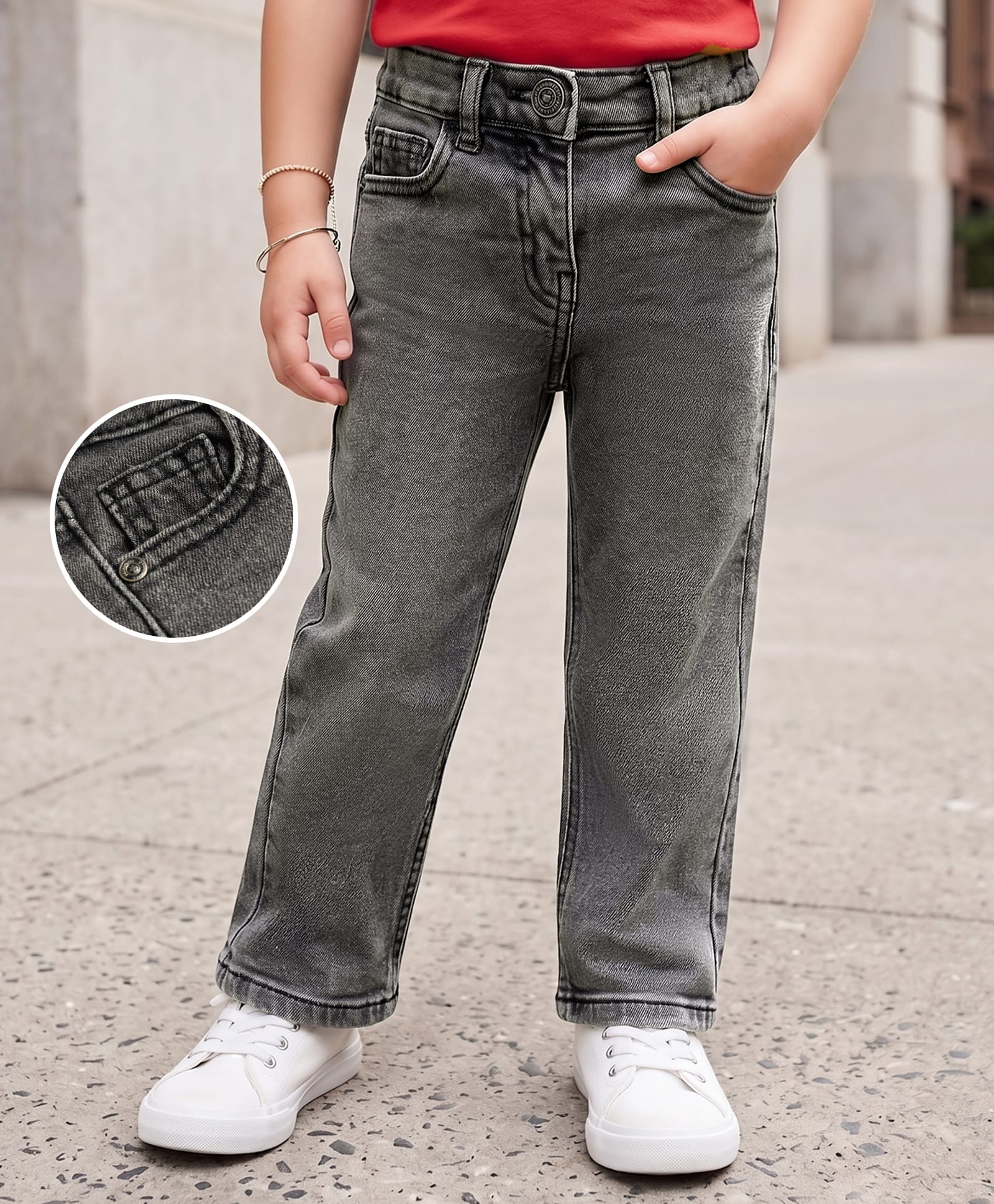 kookie kids india Kookie Kids Full Length Comfort Fit Solid Color Denim Jeans with Button - Charcoal Grey-picture-32