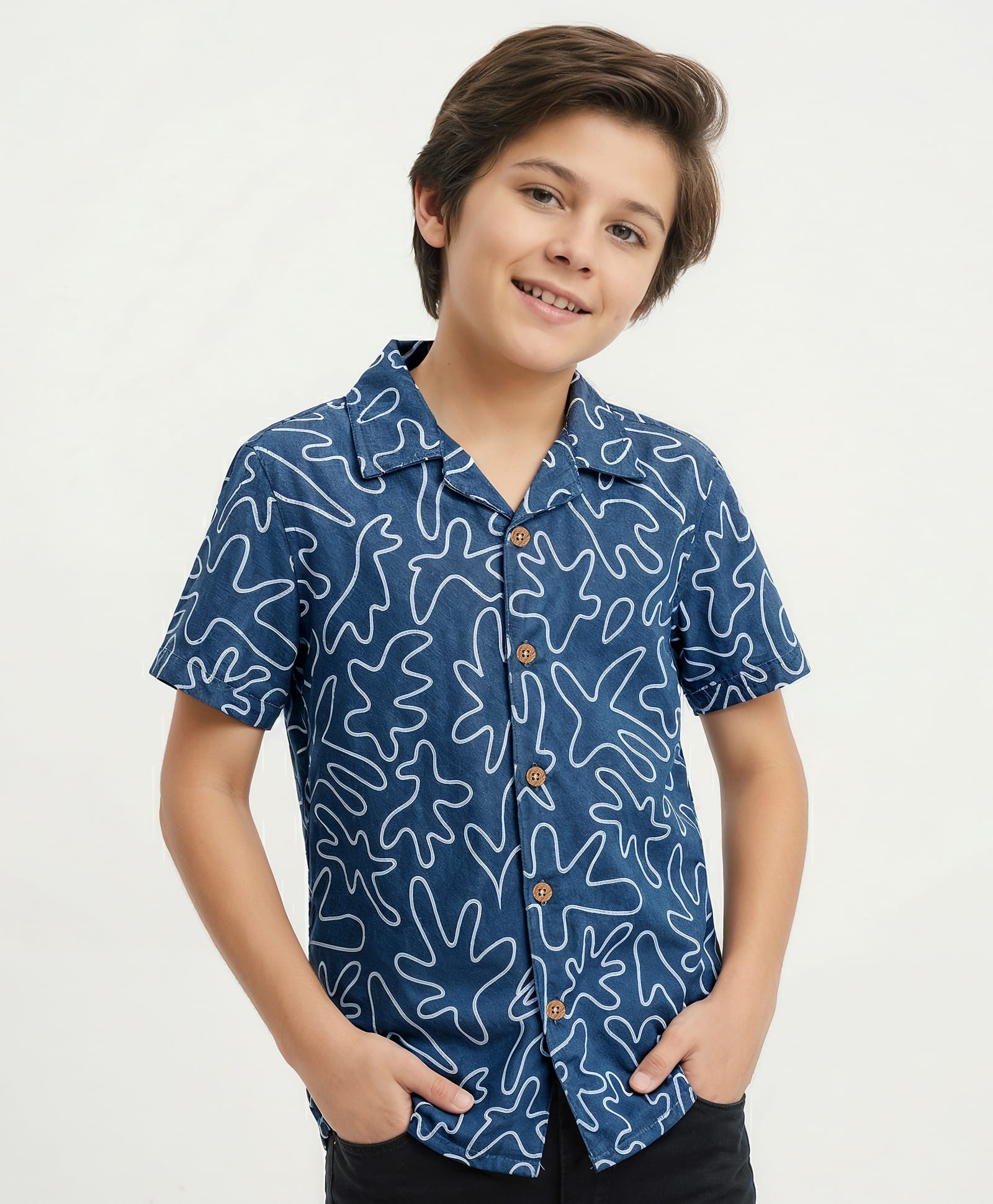 Arias Cotton Woven Half Sleeves Printed Denim Shirt - Blue-image-38