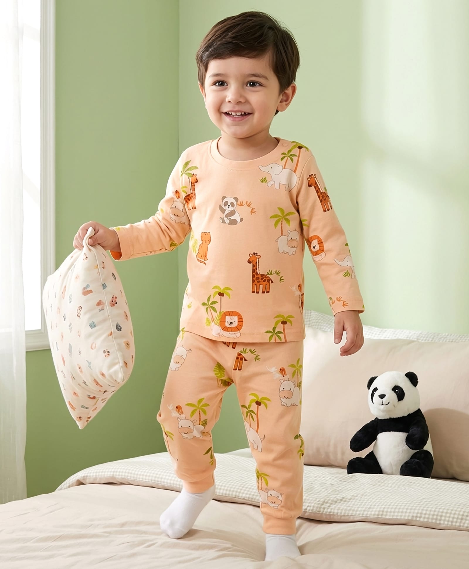 Babyhug Cotton Knit Full Sleeves Jungle Theme Printed Co-Ords T-Shirt & Pyjama Night Suit - Tan-image-28